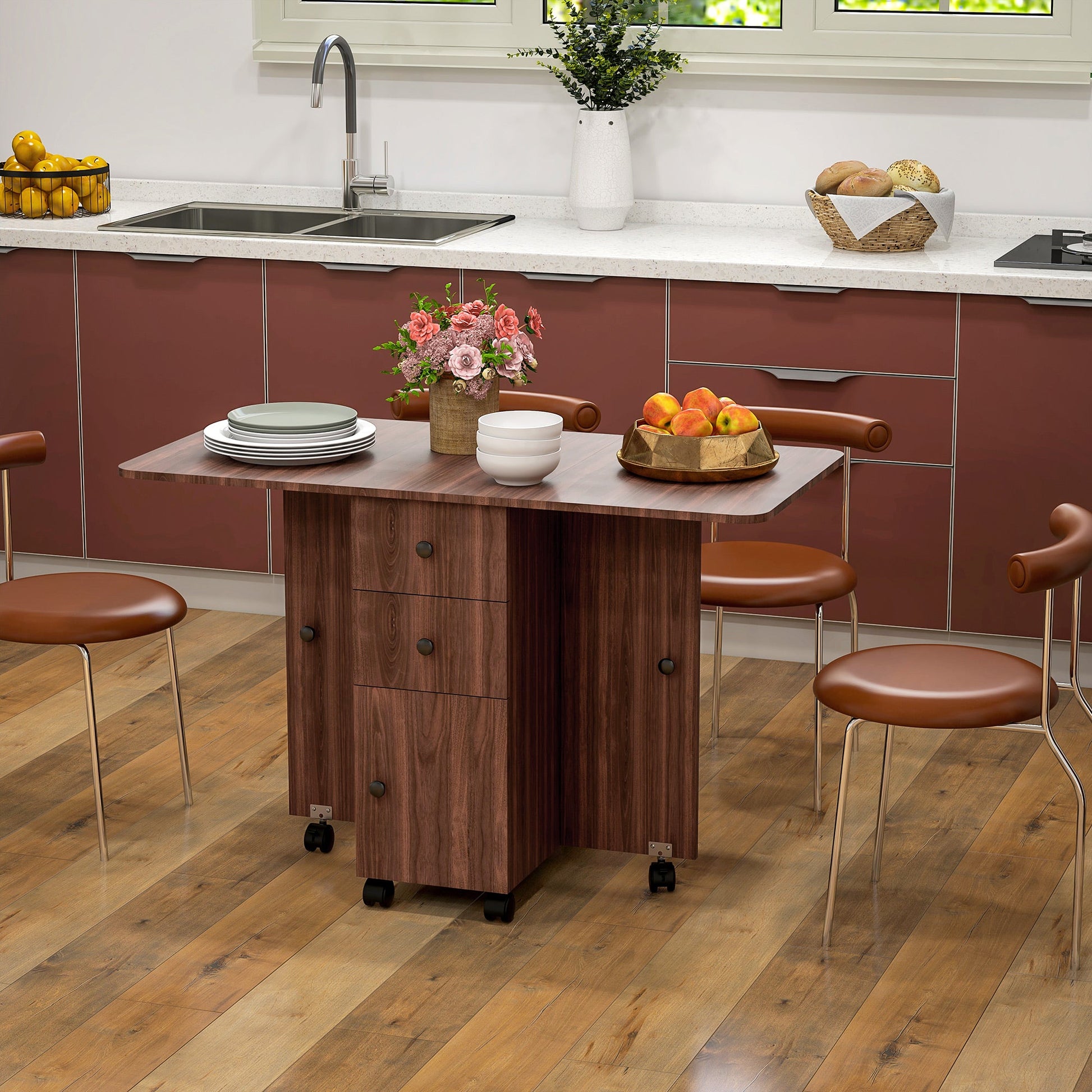 HOMCOM Folding Dining Table for 4-6, Rolling Drop Leaf Table with Storage Drawers, Cabinet and Open Shelf, Extendable Kitchen Table on Wheels, Distressed Brown