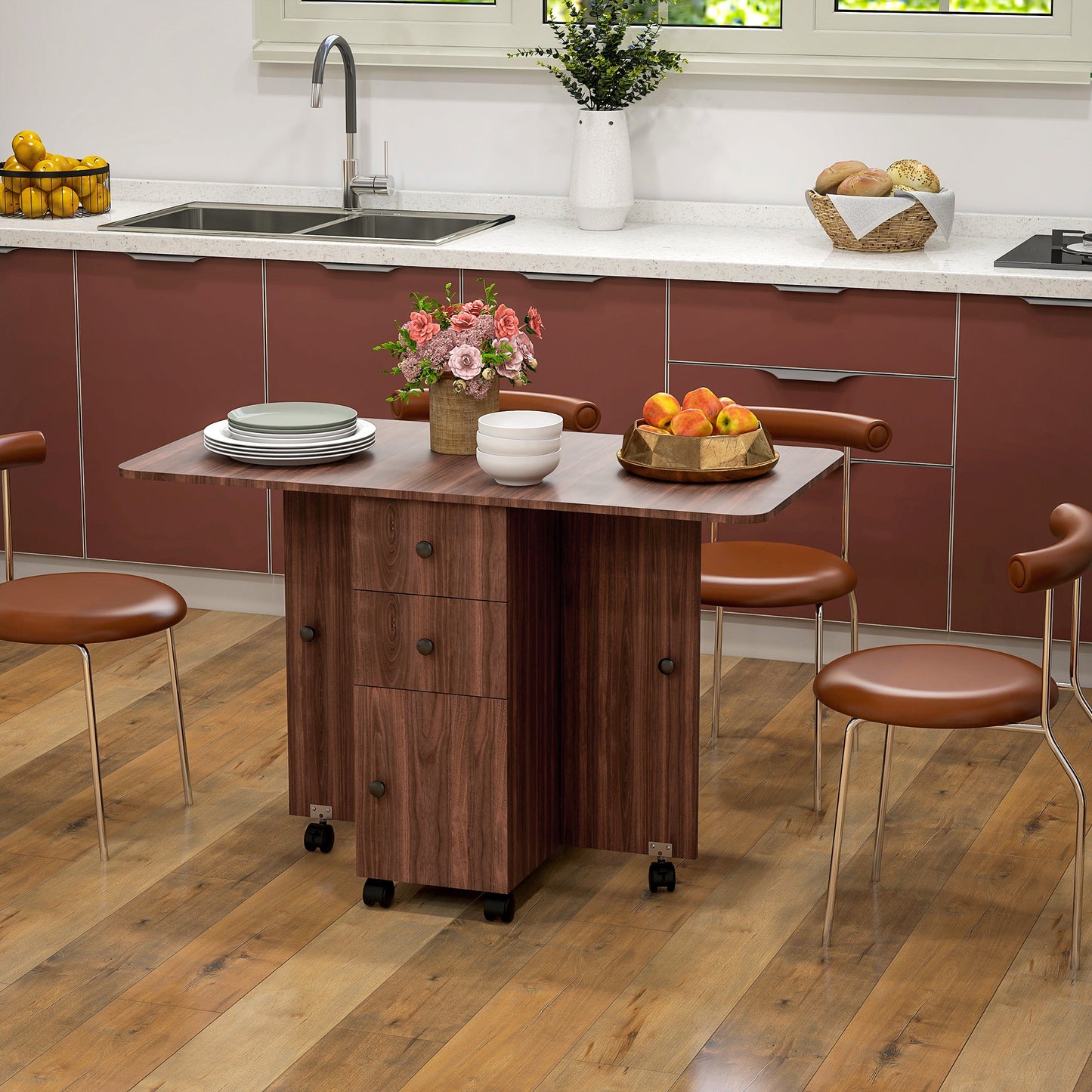 HOMCOM Folding Dining Table for 4-6, Rolling Drop Leaf Table with Storage Drawers, Cabinet and Open Shelf, Extendable Kitchen Table on Wheels, Distressed Brown