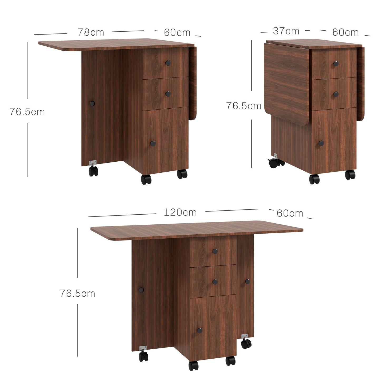 HOMCOM Folding Dining Table for 4-6, Rolling Drop Leaf Table with Storage Drawers, Cabinet and Open Shelf, Extendable Kitchen Table on Wheels, Distressed Brown