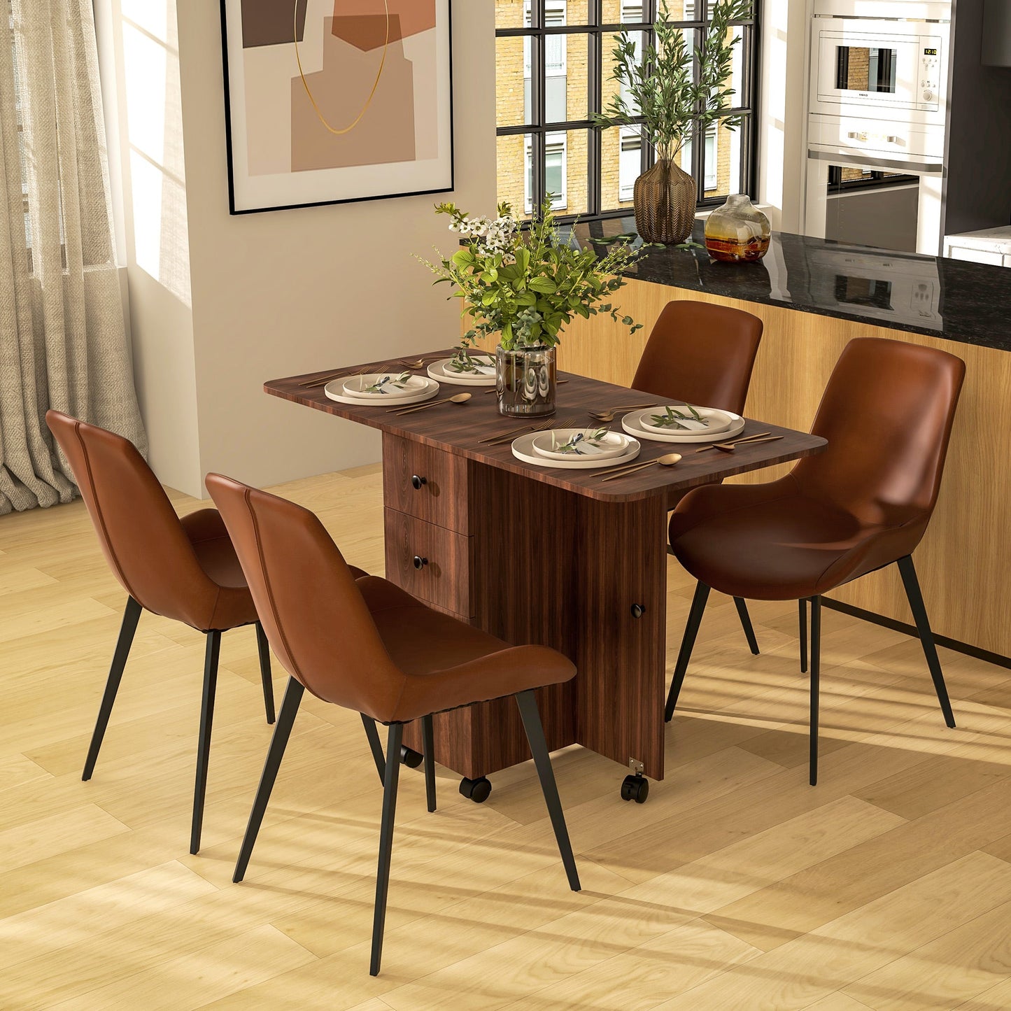 HOMCOM Folding Dining Table for 4-6, Rolling Drop Leaf Table with Storage Drawers, Cabinet and Open Shelf, Extendable Kitchen Table on Wheels, Distressed Brown