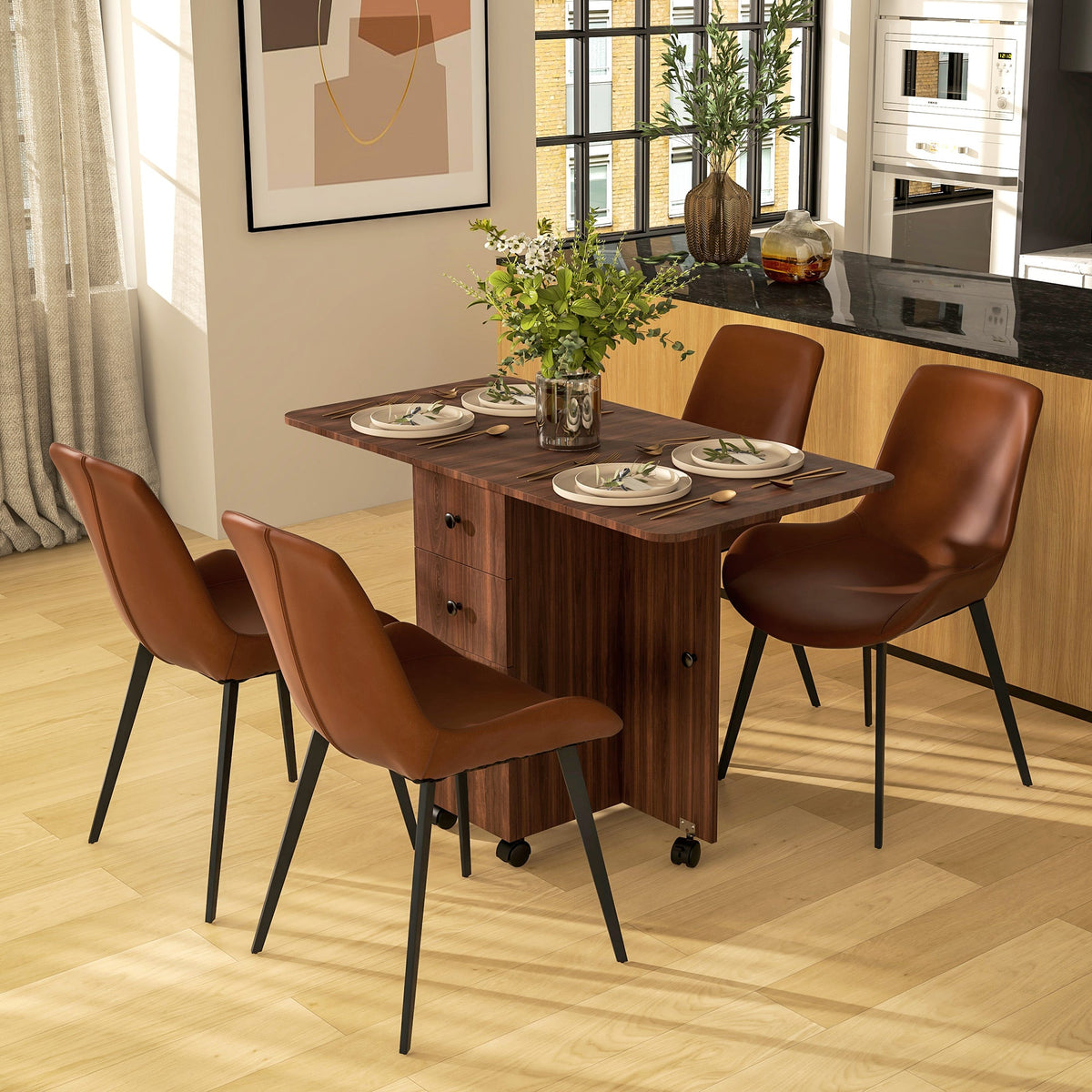 HOMCOM Folding Dining Table for 4-6, Rolling Drop Leaf Table with Storage Drawers, Cabinet and Open Shelf, Extendable Kitchen Table on Wheels, Distressed Brown