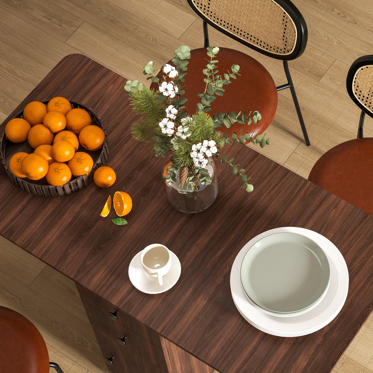 HOMCOM Folding Dining Table for 4-6, Rolling Drop Leaf Table with Storage Drawers, Cabinet and Open Shelf, Extendable Kitchen Table on Wheels, Distressed Brown