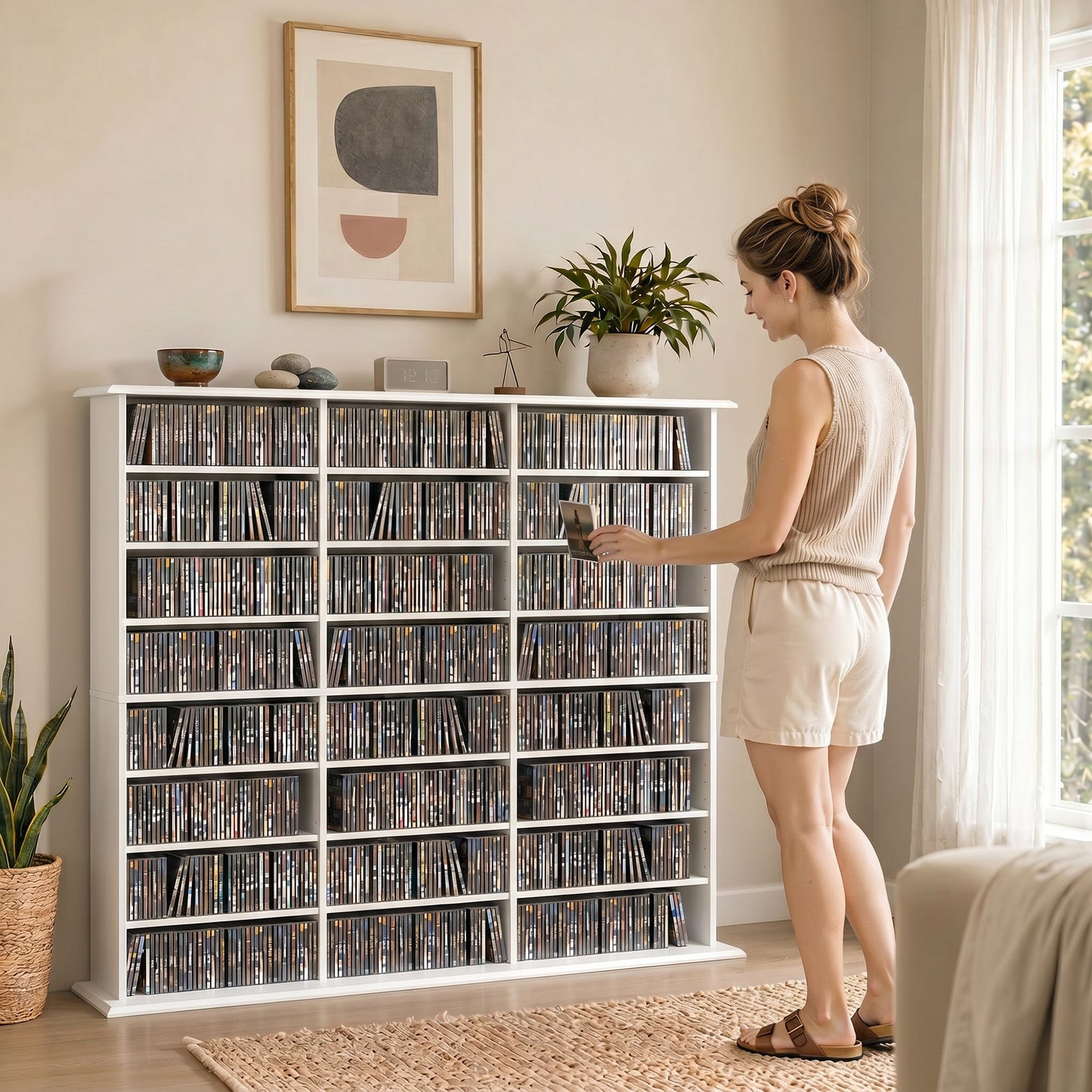 1032 CD/594 DVD Storage Unit, Blu-ray Media Storage Shelf with 24 Compartments and 18 Adjustable Shelves, CD Tower for Living Room, Bedroom, Office, White