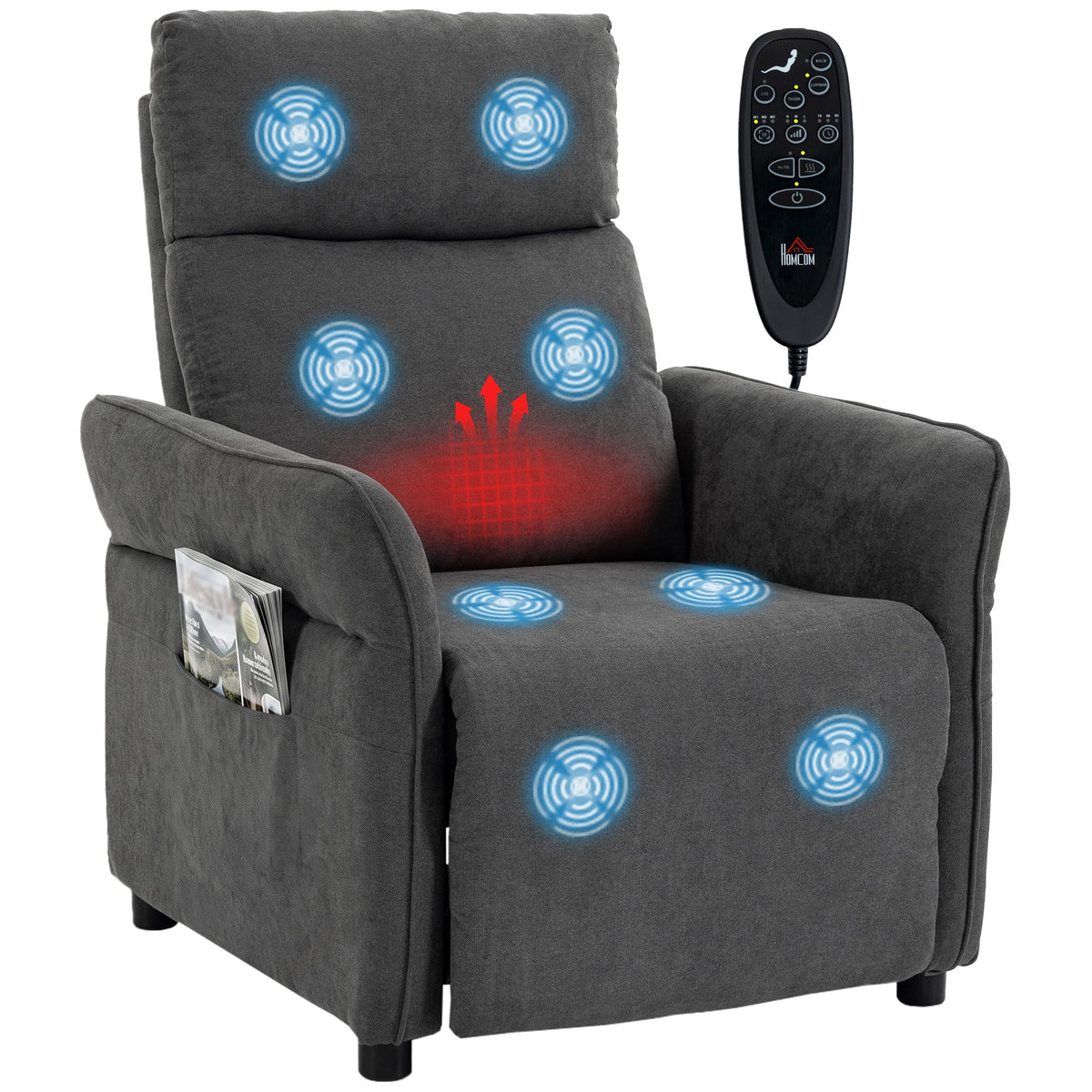 Recliner Armchair, Push Back Recliner Chair with Massage & Heat, Adjustable Armrests, Terry Cloth Manual Reclining Single Sofa with Footrest, Dual Side Pockets for Home Living Room, Dark Grey