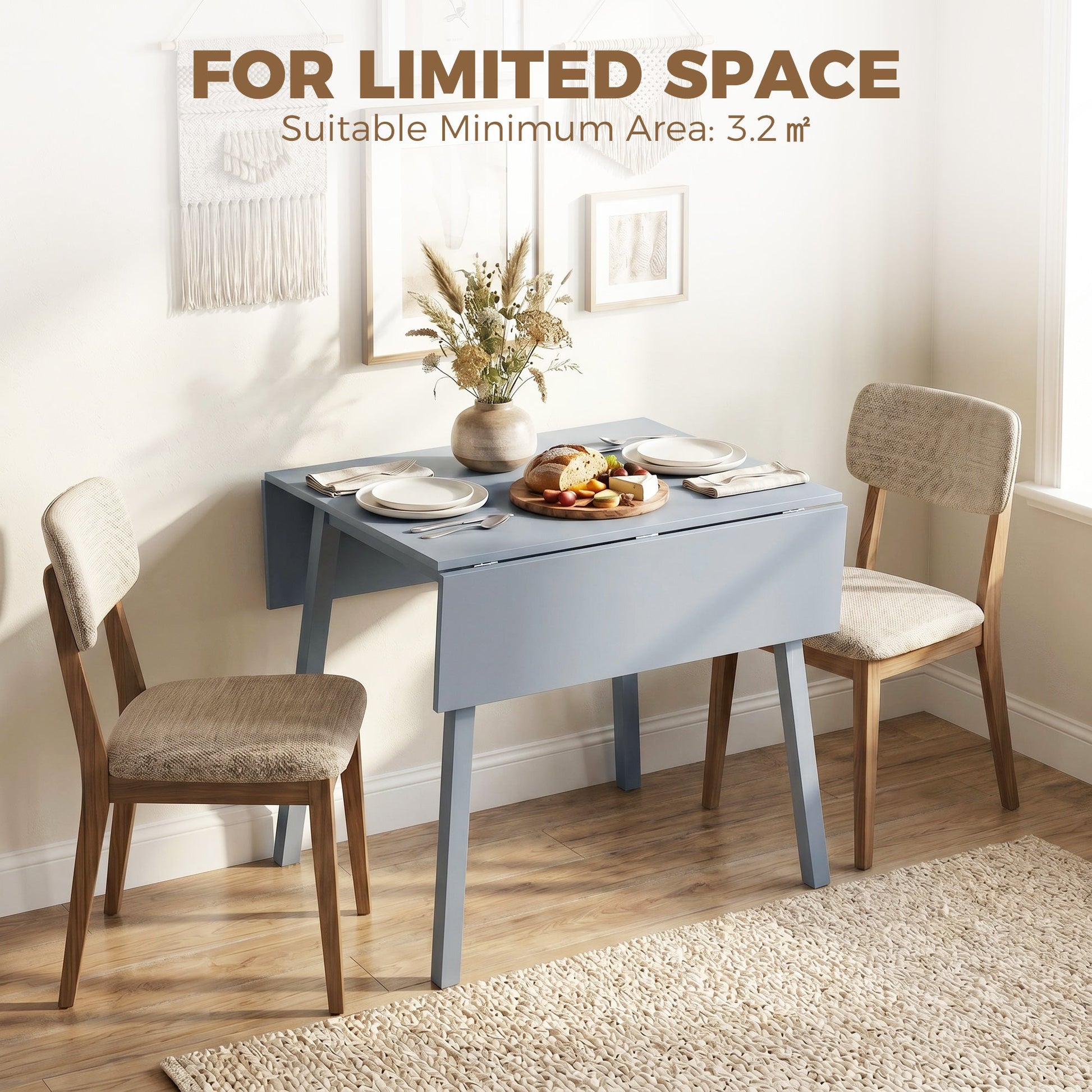 Solid Wood Folding Dining Table, Drop Leaf Table for 2-4 People,  Rectangle Kitchen Table for Small Space, Grey