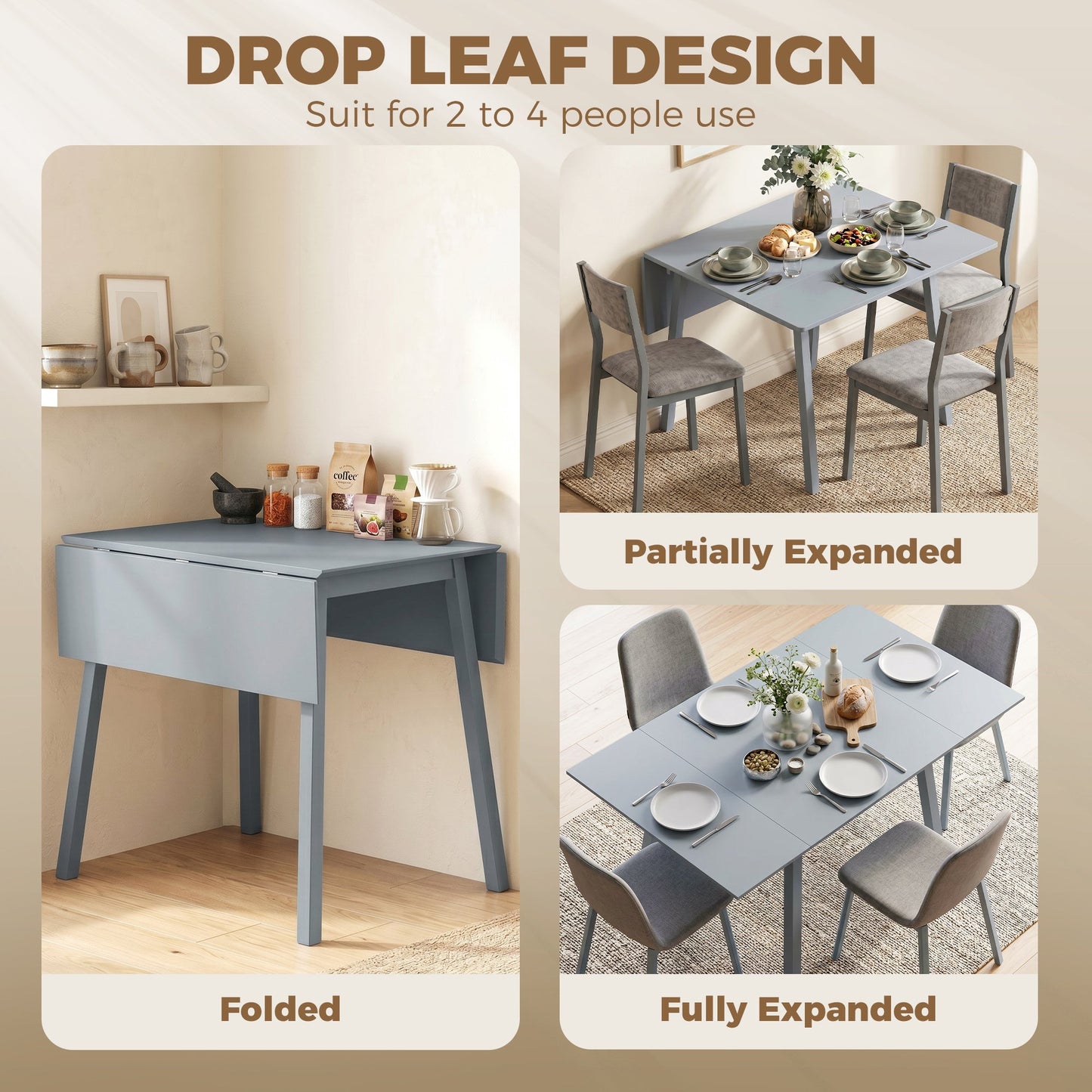 Solid Wood Folding Dining Table, Drop Leaf Table for 2-4 People,  Rectangle Kitchen Table for Small Space, Grey