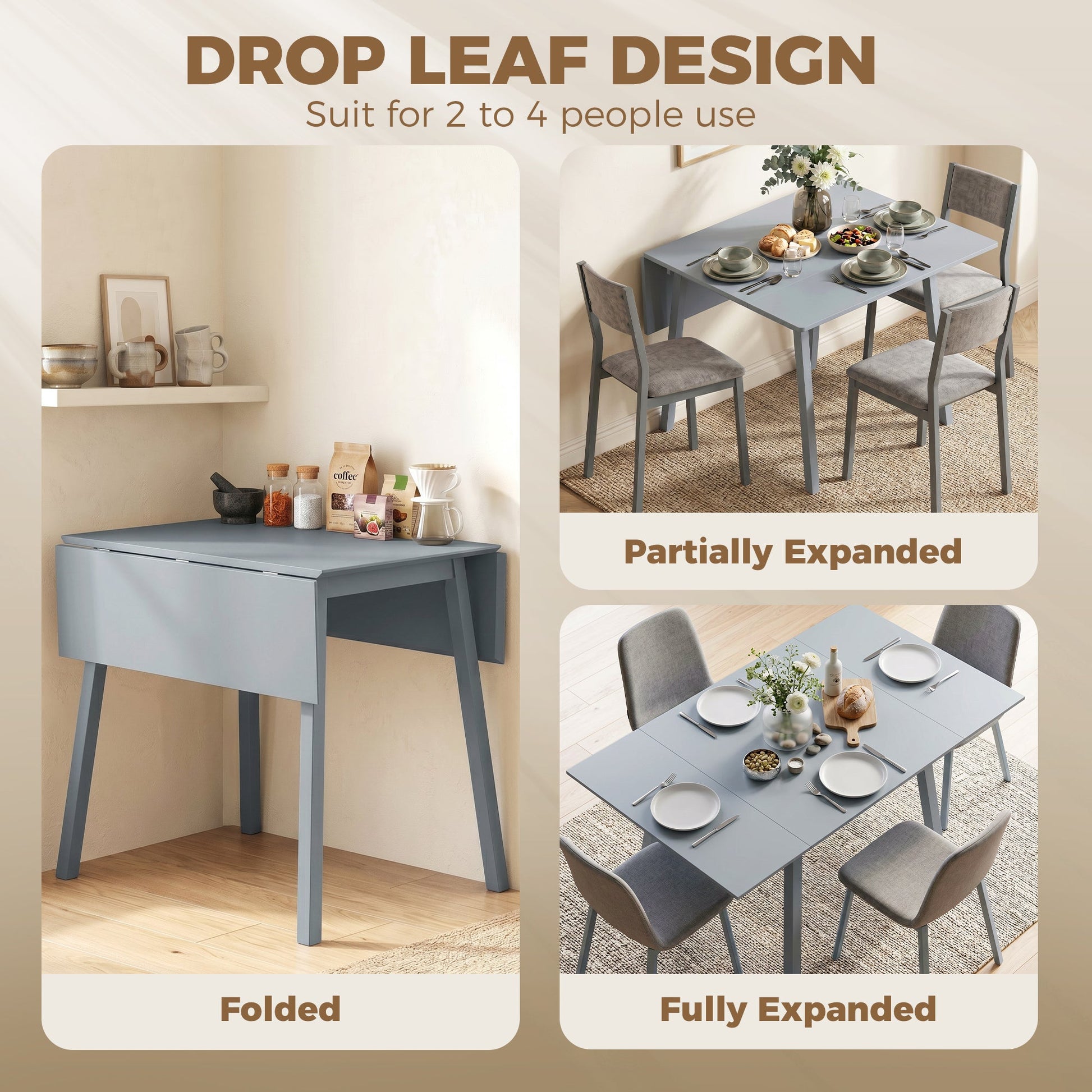 Solid Wood Folding Dining Table, Drop Leaf Table for 2-4 People,  Rectangle Kitchen Table for Small Space, Grey