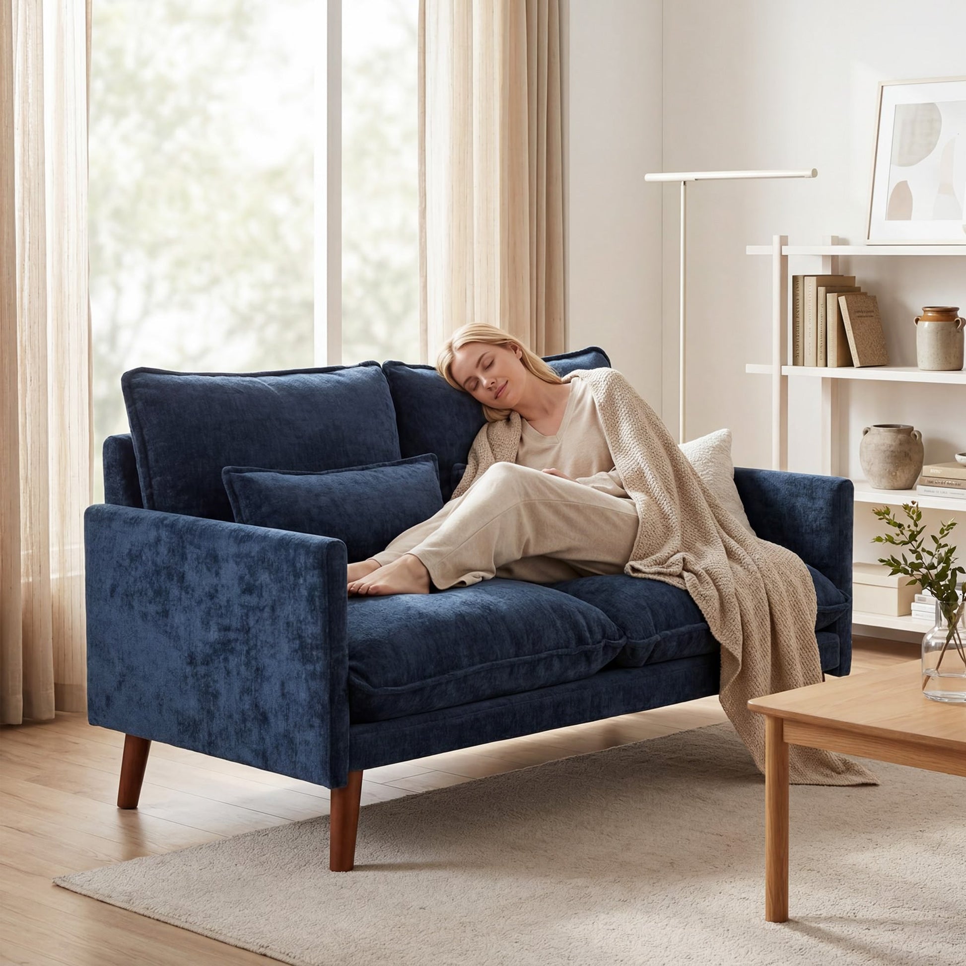 2 Seater Sofa, 131cm Velvet-Feel Fabric Loveseat Sofa with Spring Cushions, Wide and Deep Seat, Wood Legs, 2 Pillows, Modern Couch Settee for Small Space, Living Room, Bedroom, Office, Blue