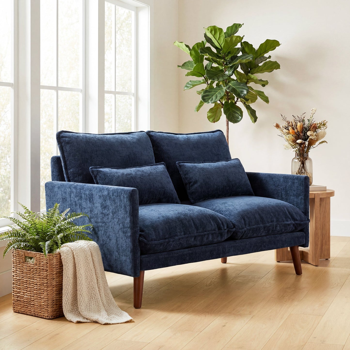 2 Seater Sofa, 131cm Velvet-Feel Fabric Loveseat Sofa with Spring Cushions, Wide and Deep Seat, Wood Legs, 2 Pillows, Modern Couch Settee for Small Space, Living Room, Bedroom, Office, Blue