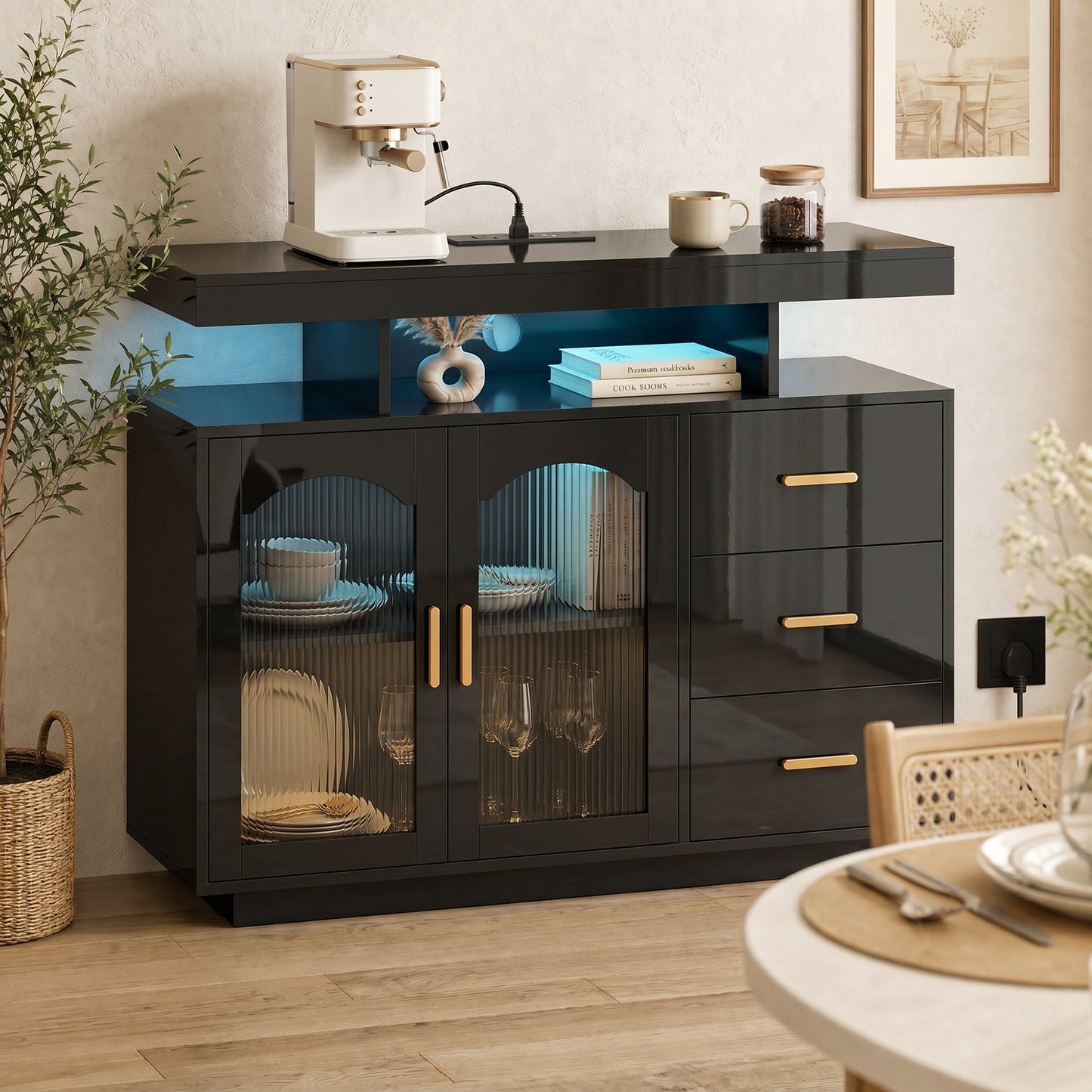 High Gloss Sideboard with LED Lights, Built-in Power Outlets, Modern Storage Cabinet with 3 Drawers, Shelves and 2 Acrylic Doors, Soft-Close TV Stand Unit for 72-Inch TVs, Living Room, Black