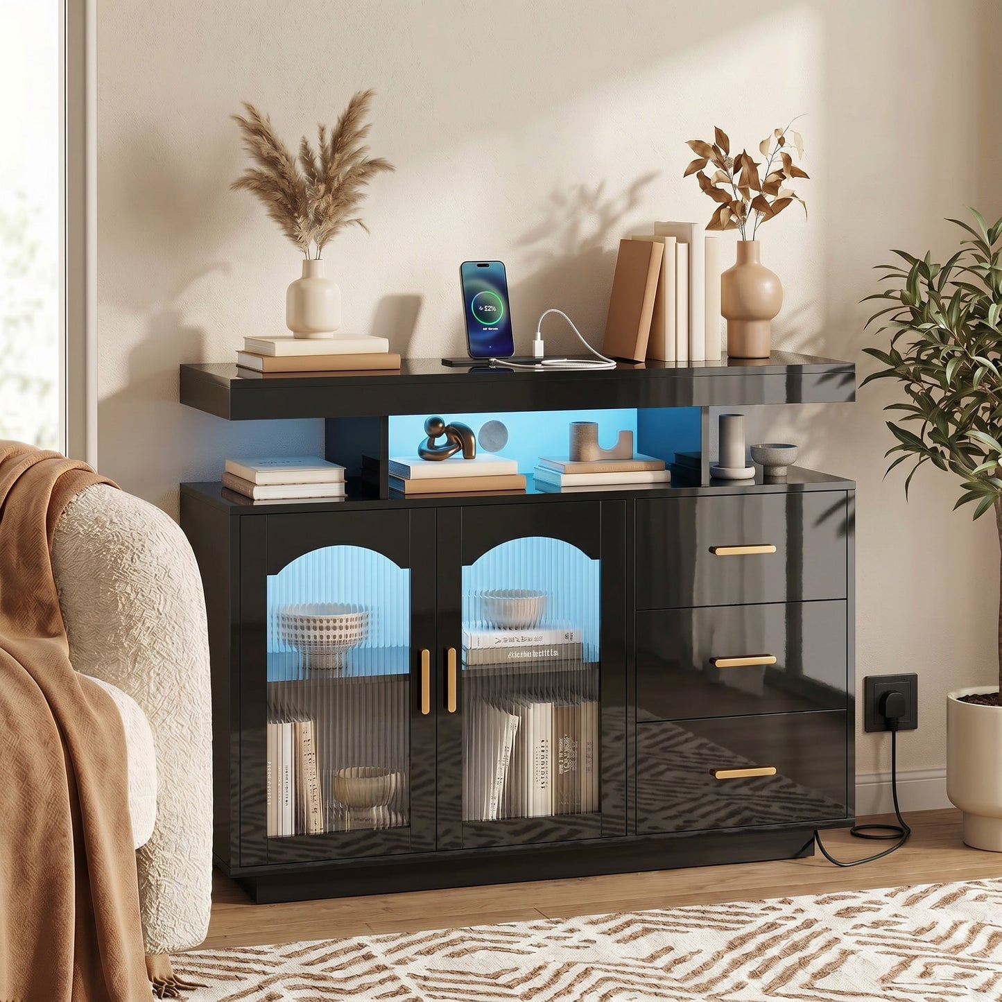 High Gloss Sideboard with LED Lights, Built-in Power Outlets, Modern Storage Cabinet with 3 Drawers, Shelves and 2 Acrylic Doors, Soft-Close TV Stand Unit for 72-Inch TVs, Living Room, Black