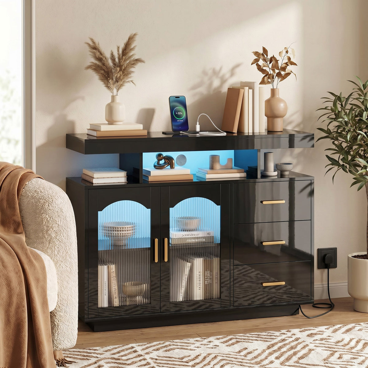 High Gloss Sideboard with LED Lights, Built-in Power Outlets, Modern Storage Cabinet with 3 Drawers, Shelves and 2 Acrylic Doors, Soft-Close TV Stand Unit for 72-Inch TVs, Living Room, Black