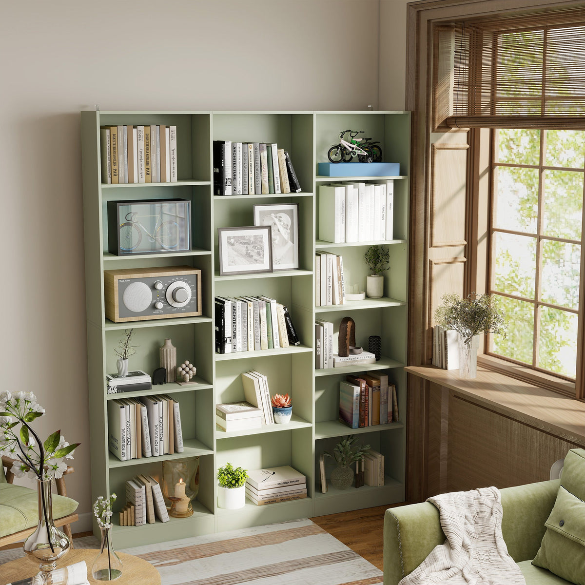 Bookcase with 17 Compartments, 6-Tier Tall Bookshelf with 17 Cubes, Adjustable Shelves, Freestanding Shelving Unit Display Shelf for Home Office, Living Room, 149 x 23.6 x 188 cm, Light Green