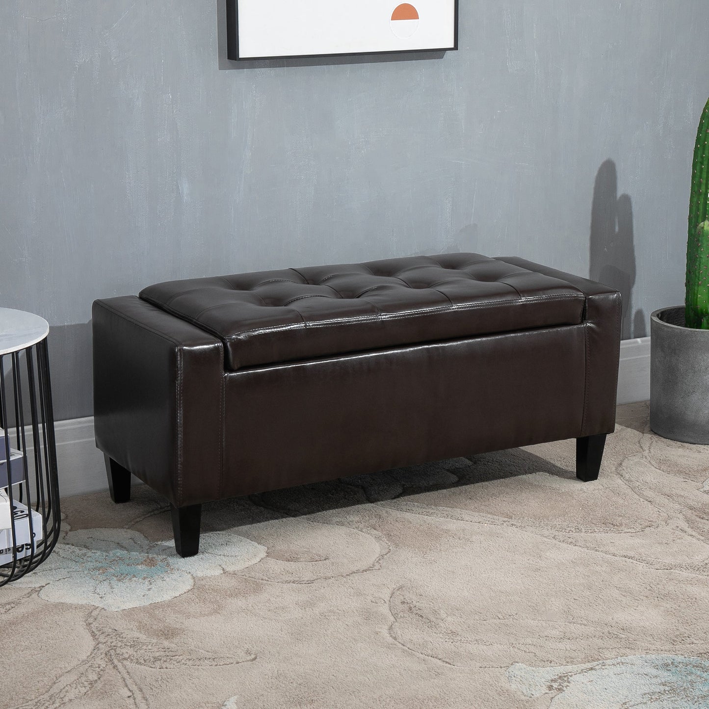 HOMCOM PU Leather Storage Ottoman Bench Storage Chest Tufted Ottoman Cube w/ Flipping Top 92L x 40W x 40H cm Brown