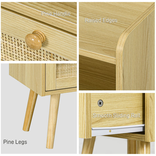 HOMCOM Bedside Tables Set of 2, Boho Styled Nightstand with Drawer, Storage Compartment and Rattan Accent, Side End Table for Bedroom, 40 x 30 x 60cm, Natural Wood Finish