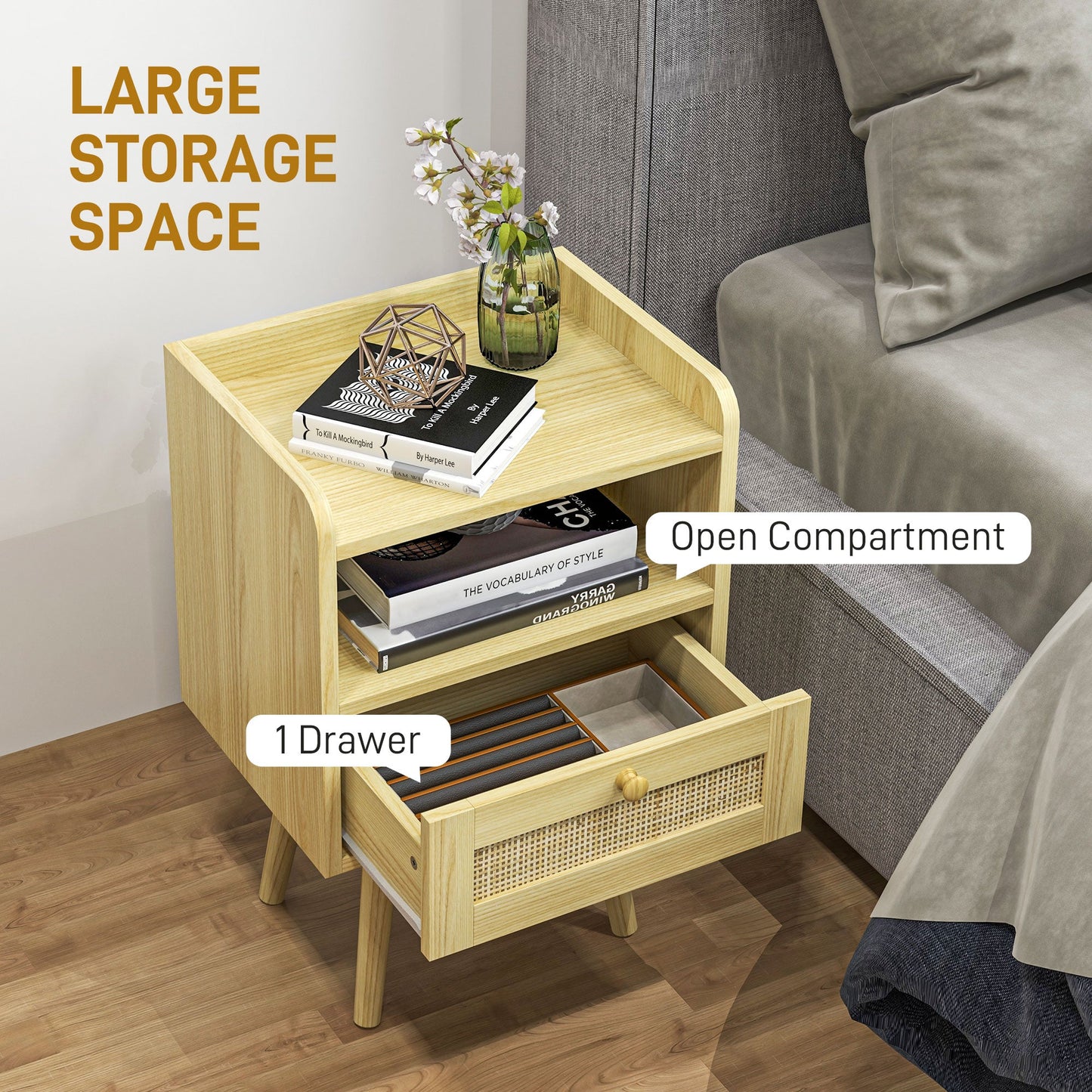 HOMCOM Bedside Tables Set of 2, Boho Styled Nightstand with Drawer, Storage Compartment and Rattan Accent, Side End Table for Bedroom, 40 x 30 x 60cm, Natural Wood Finish