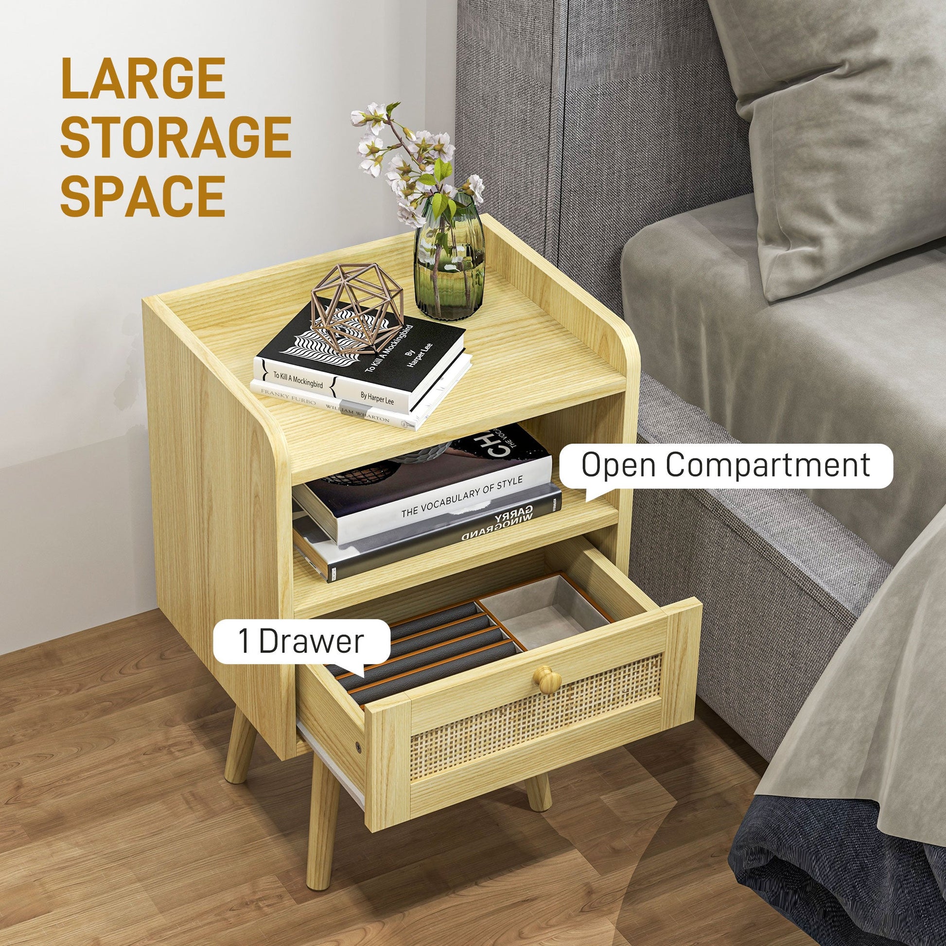 HOMCOM Bedside Tables Set of 2, Boho Styled Nightstand with Drawer, Storage Compartment and Rattan Accent, Side End Table for Bedroom, 40 x 30 x 60cm, Natural Wood Finish