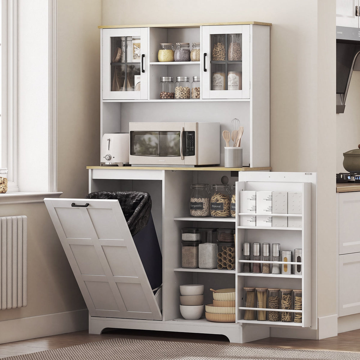 Kitchen Cupboard with Charging Station and 26.5 L Rubbish Bin Cabinet, 175cm Tall Kitchen Cabinet with 3 Door Shelves and 2 Acrylic Doors, Sideboard Storage Cabinet for Dining Room, White
