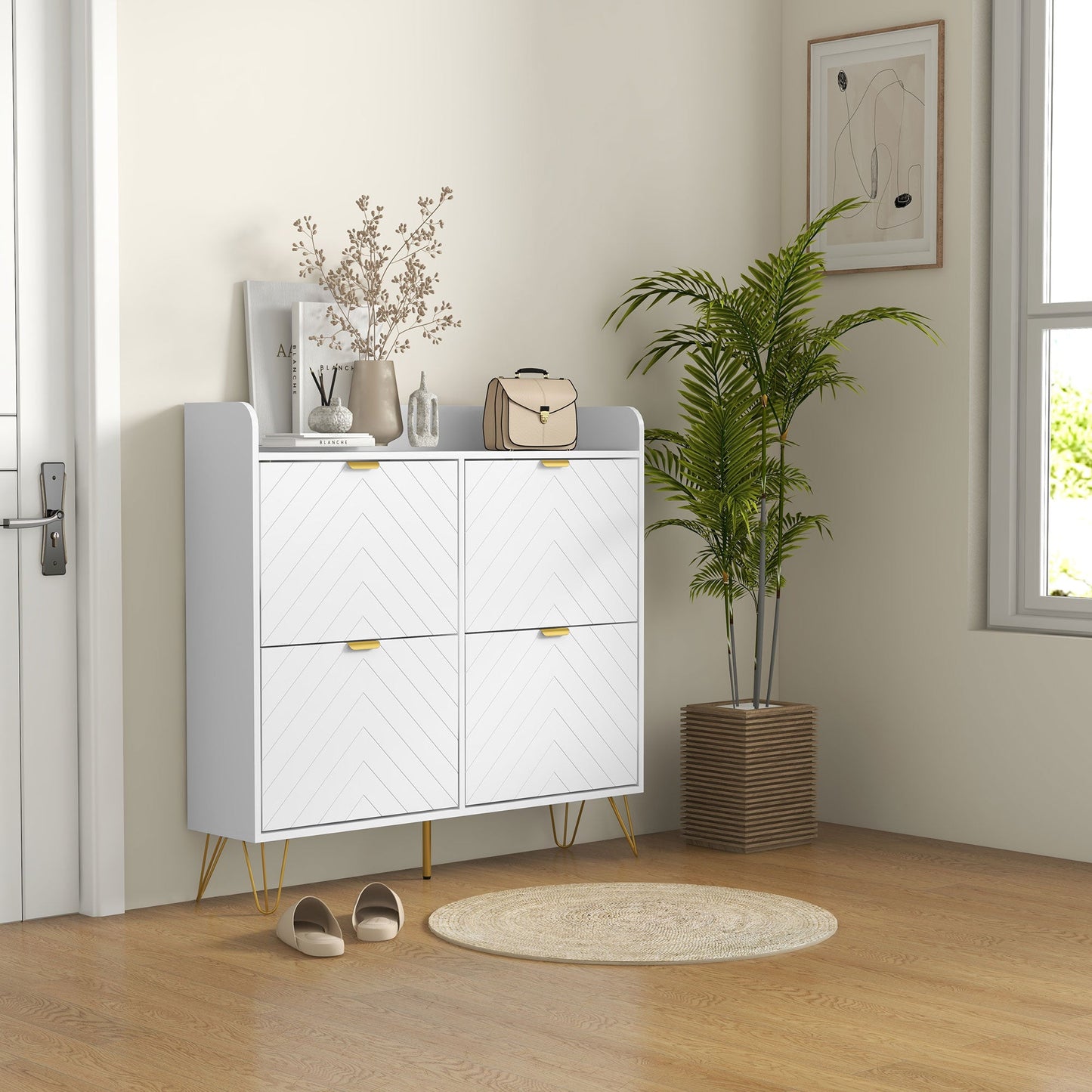 HOMCOM Narrow Shoe Cabinet with 4 Flip Drawers, Slim Shoe Storage Cabinet with Adjustable Shelves, Hairpin Legs and 4 Vents for 16 Pairs of Shoes for Entryway, White