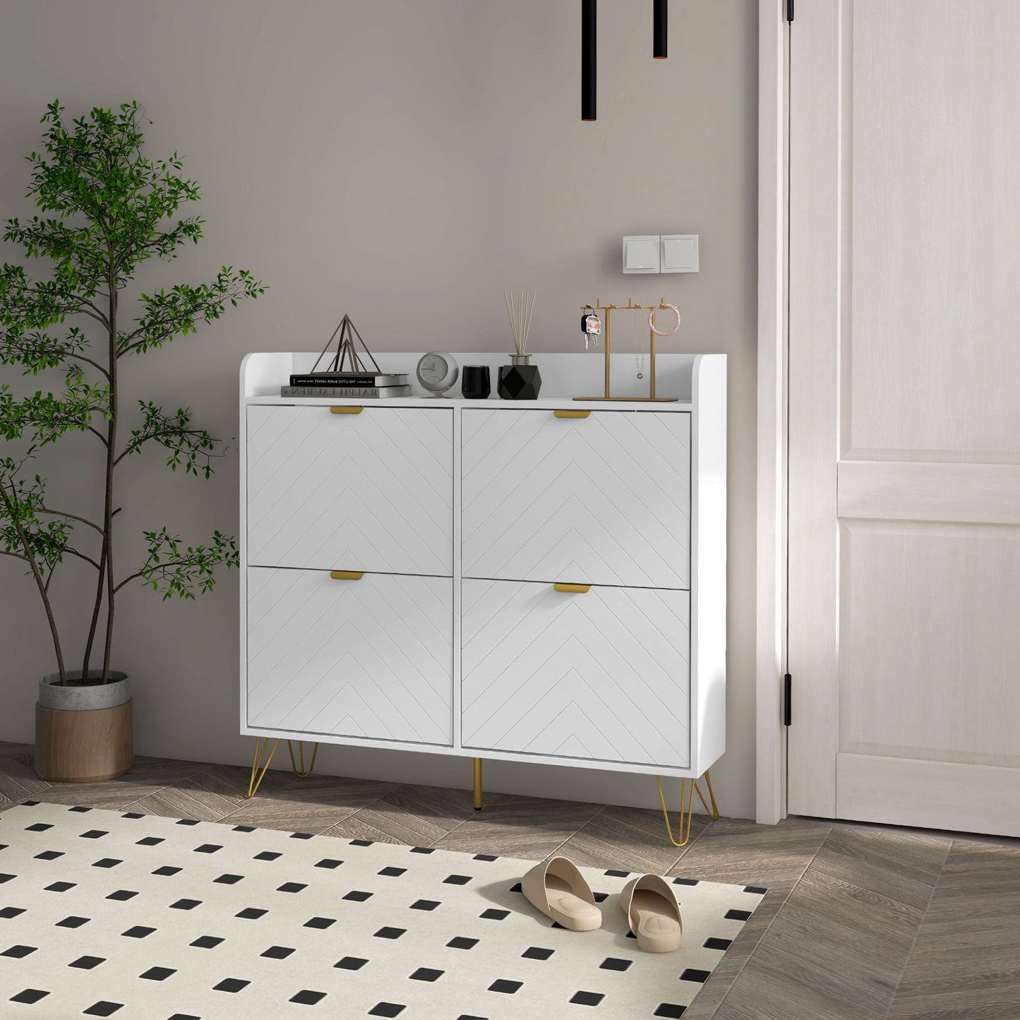 HOMCOM Narrow Shoe Cabinet with 4 Flip Drawers, Slim Shoe Storage Cabinet with Adjustable Shelves, Hairpin Legs and 4 Vents for 16 Pairs of Shoes for Entryway, White