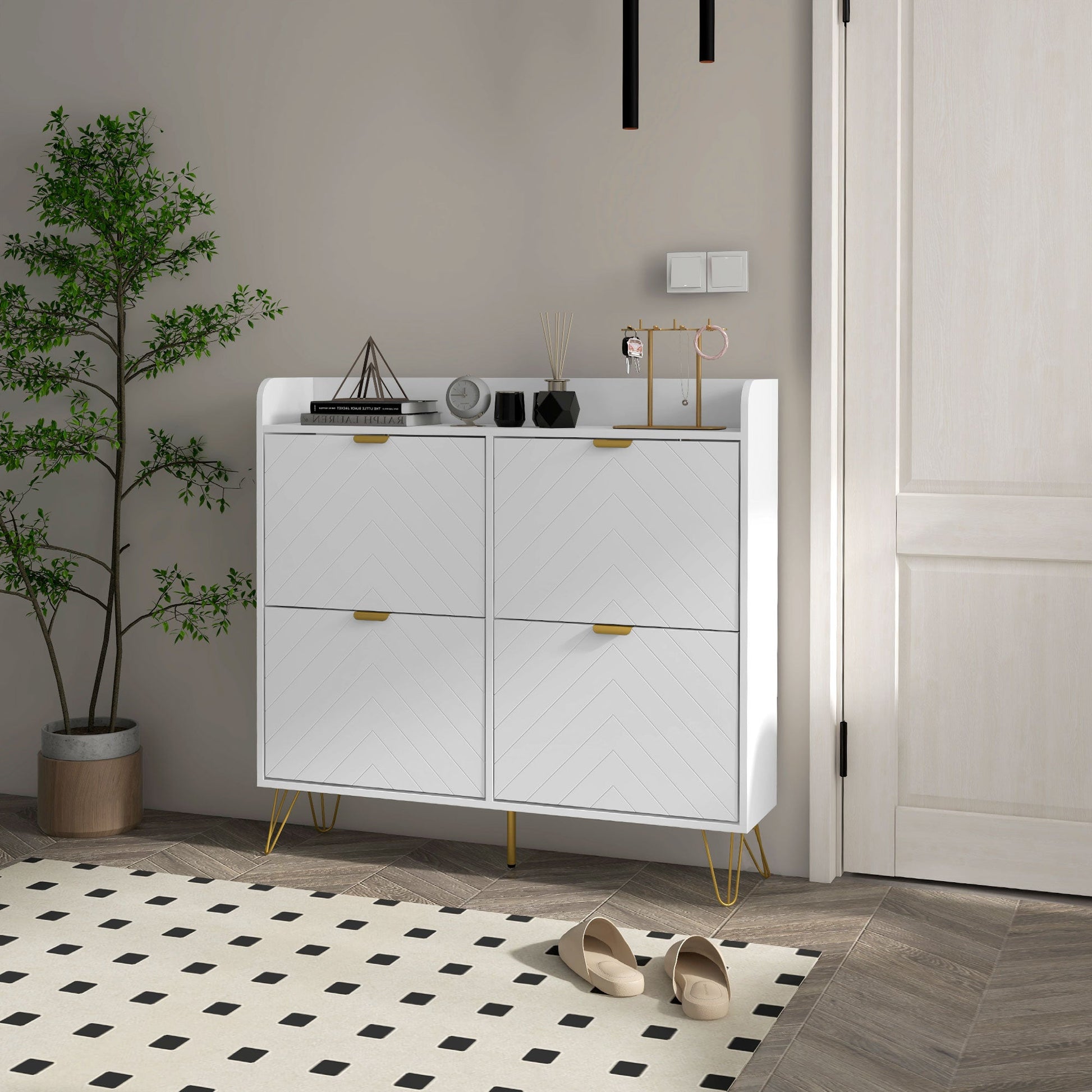 HOMCOM Narrow Shoe Cabinet with 4 Flip Drawers, Slim Shoe Storage Cabinet with Adjustable Shelves, Hairpin Legs and 4 Vents for 16 Pairs of Shoes for Entryway, White