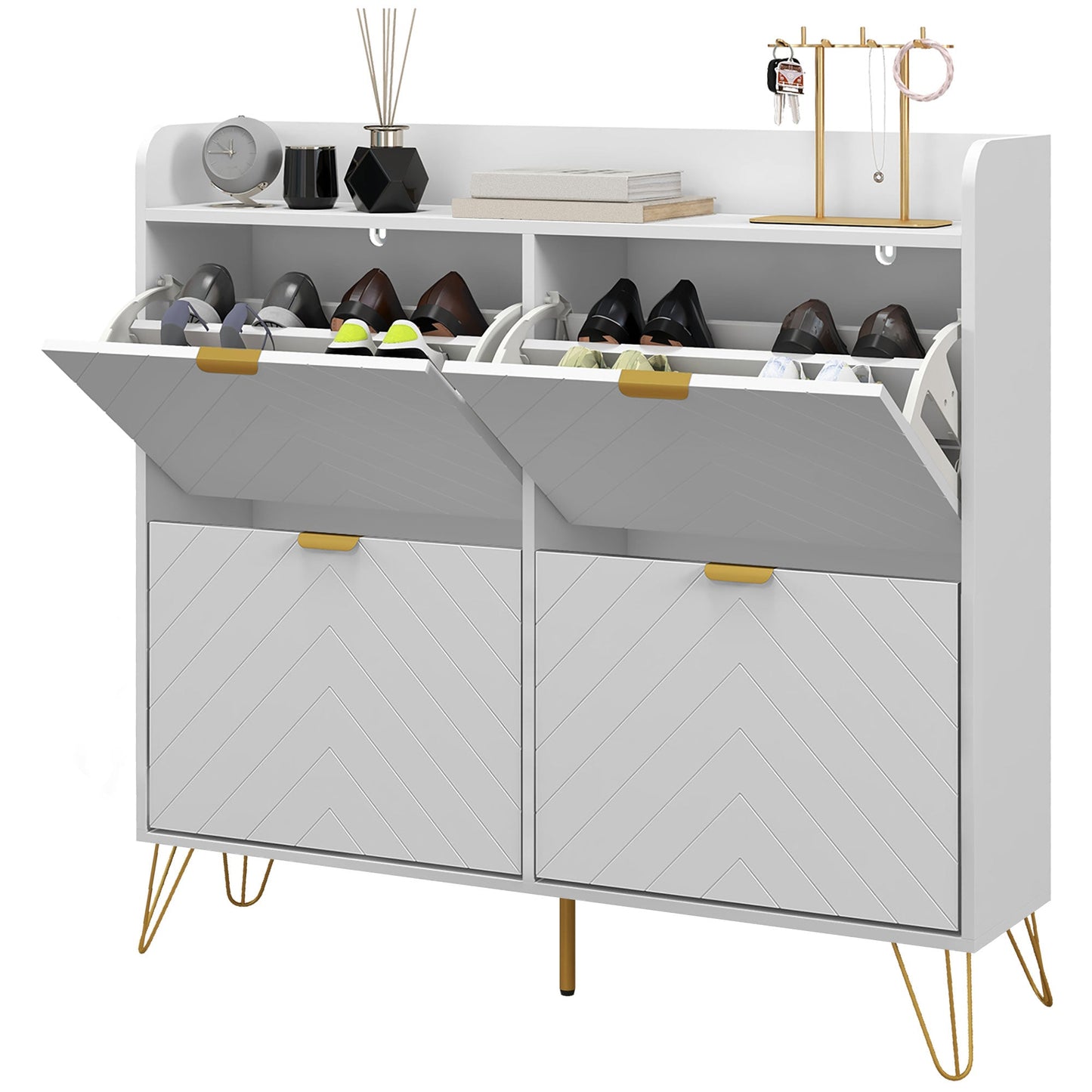HOMCOM Narrow Shoe Cabinet with 4 Flip Drawers, Slim Shoe Storage Cabinet with Adjustable Shelves, Hairpin Legs and 4 Vents for 16 Pairs of Shoes for Entryway, White