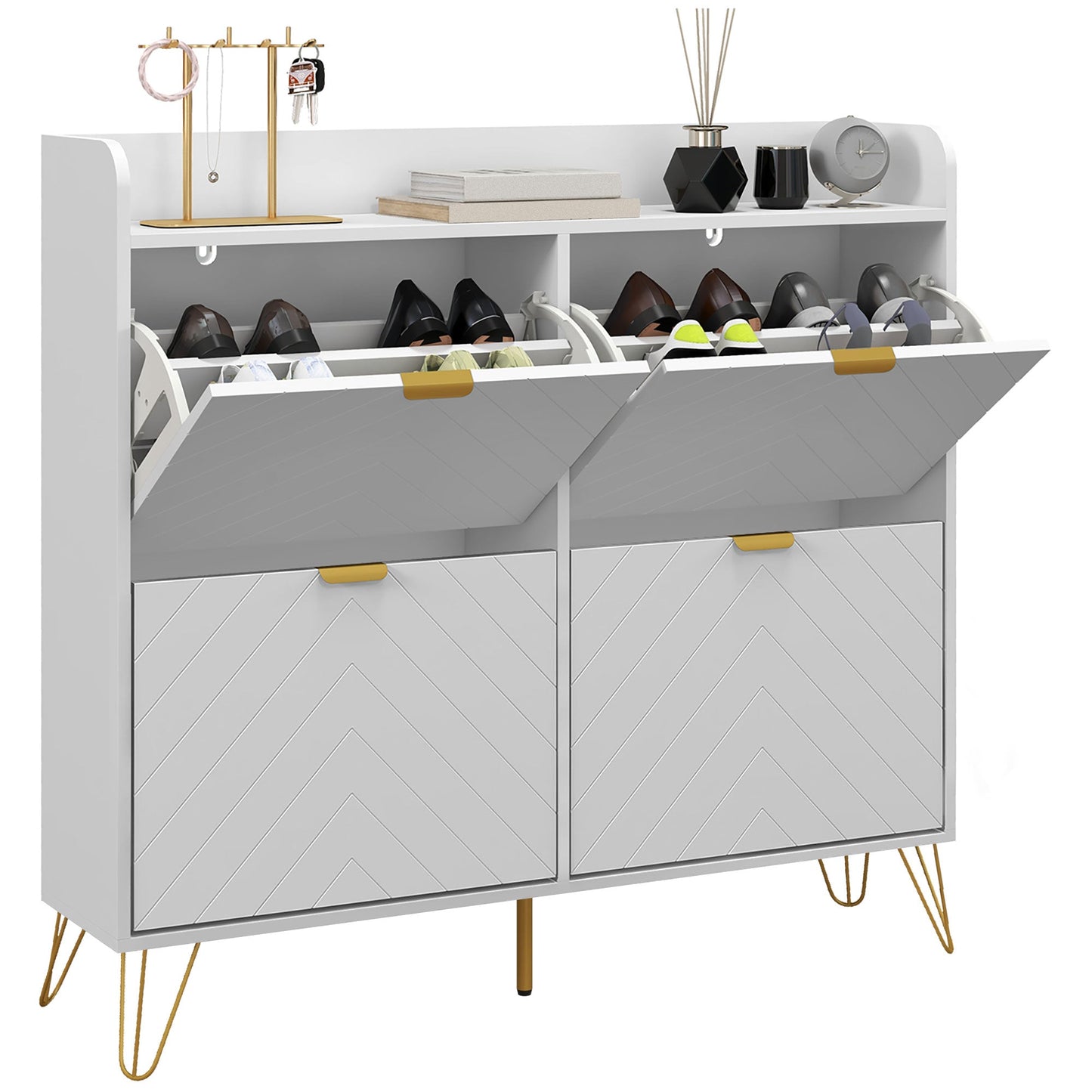 HOMCOM Narrow Shoe Cabinet with 4 Flip Drawers, Slim Shoe Storage Cabinet with Adjustable Shelves, Hairpin Legs and 4 Vents for 16 Pairs of Shoes for Entryway, White