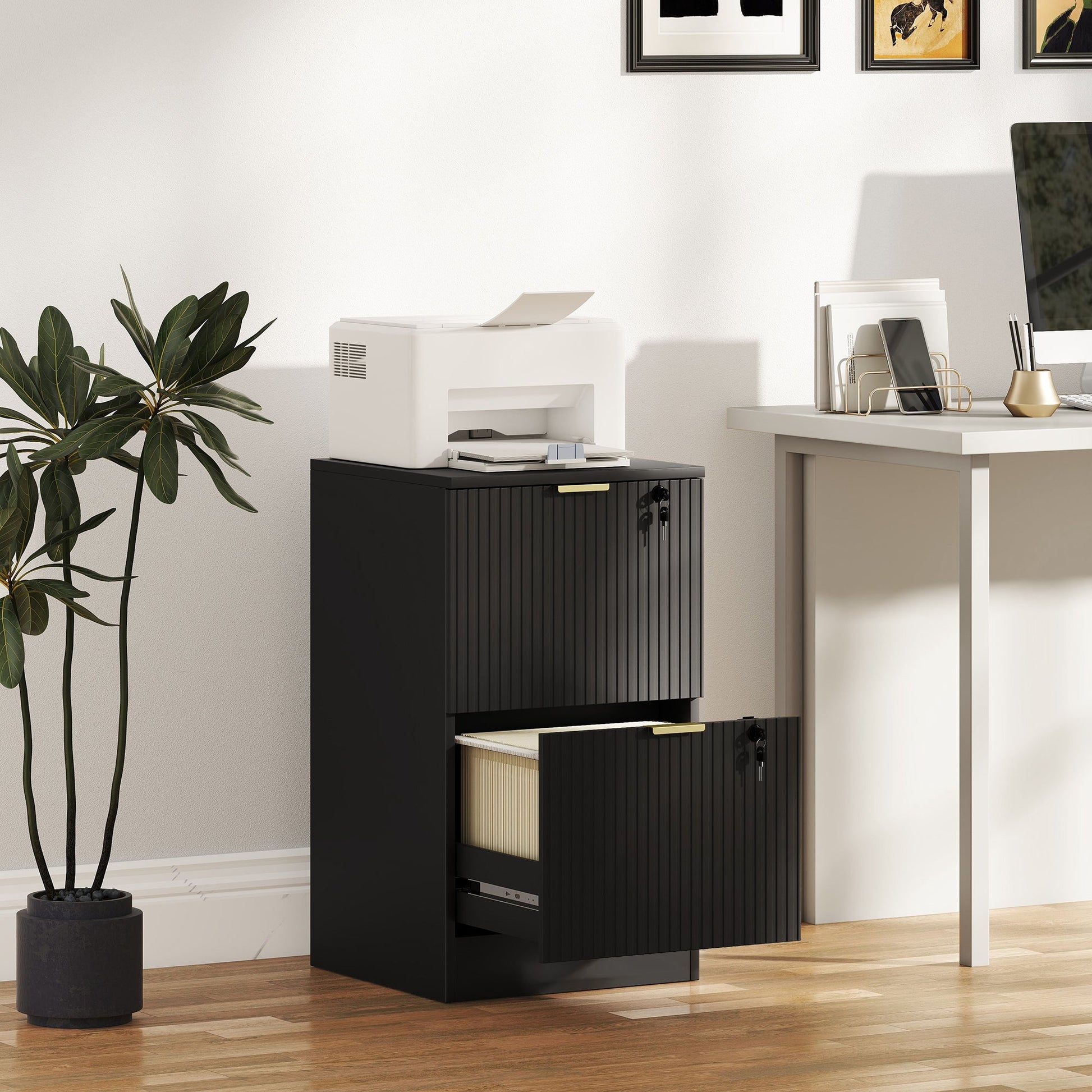 2 Drawer Filing Cabinet, Fluted Vertical File Cabinet with Lock and Adjustable Hanging Rails for A4 and Letter Size Files, Printer Stand with Storage, Black