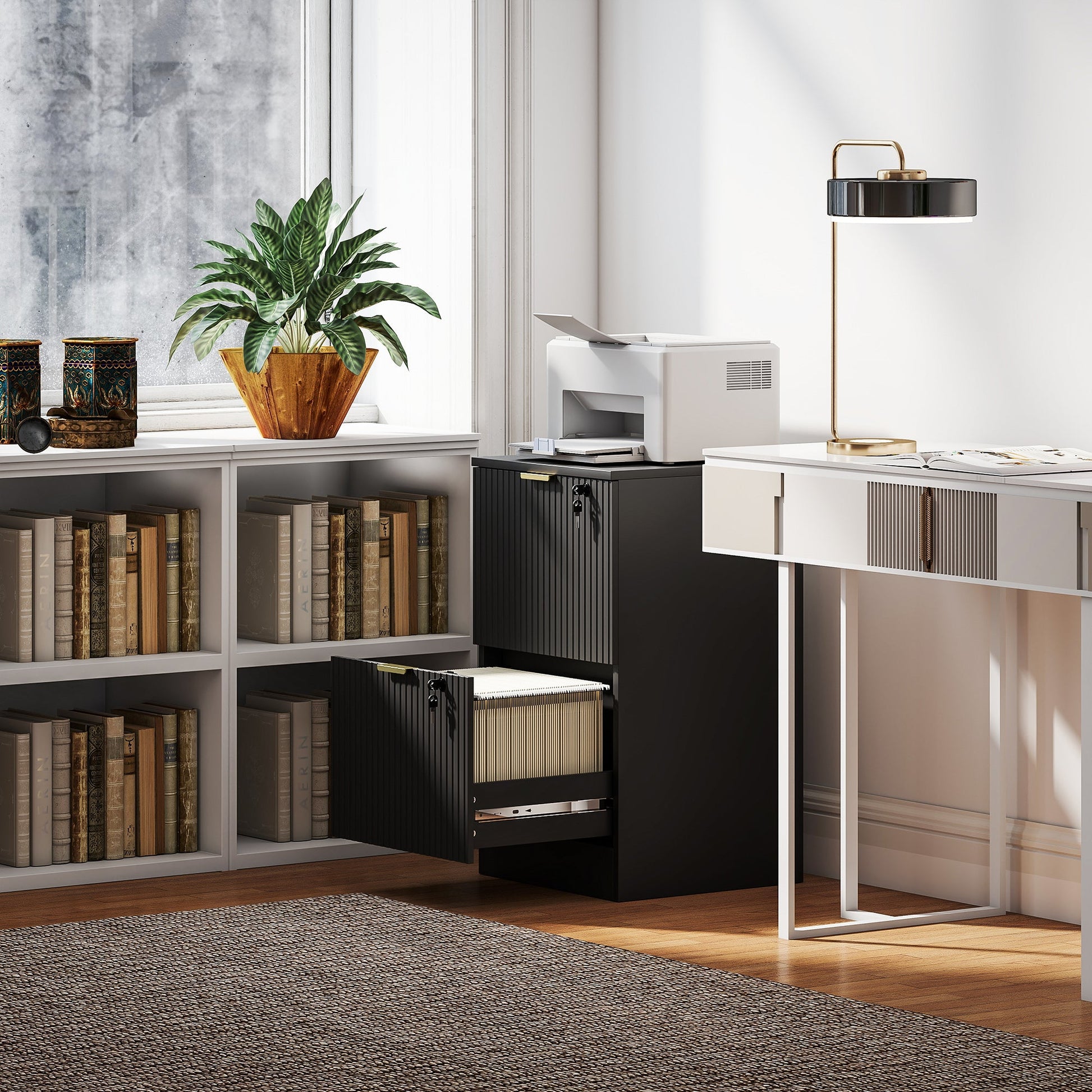 2 Drawer Filing Cabinet, Fluted Vertical File Cabinet with Lock and Adjustable Hanging Rails for A4 and Letter Size Files, Printer Stand with Storage, Black