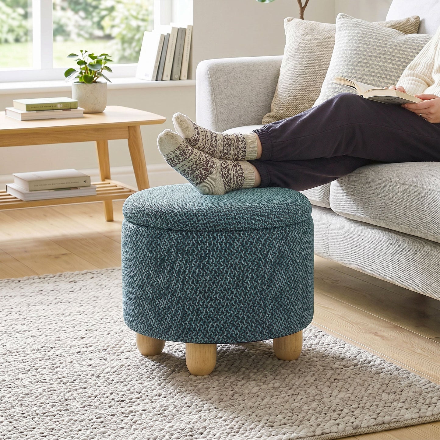 Storage Ottoman, Burlap Fabric Round Small Ottoman Foot Rest with Lid, Rubberwood Legs, End of Bed Bench Footstool for Bedroom, Hallway, Living Room, 38.5 x 38.5 cm, Dark Blue