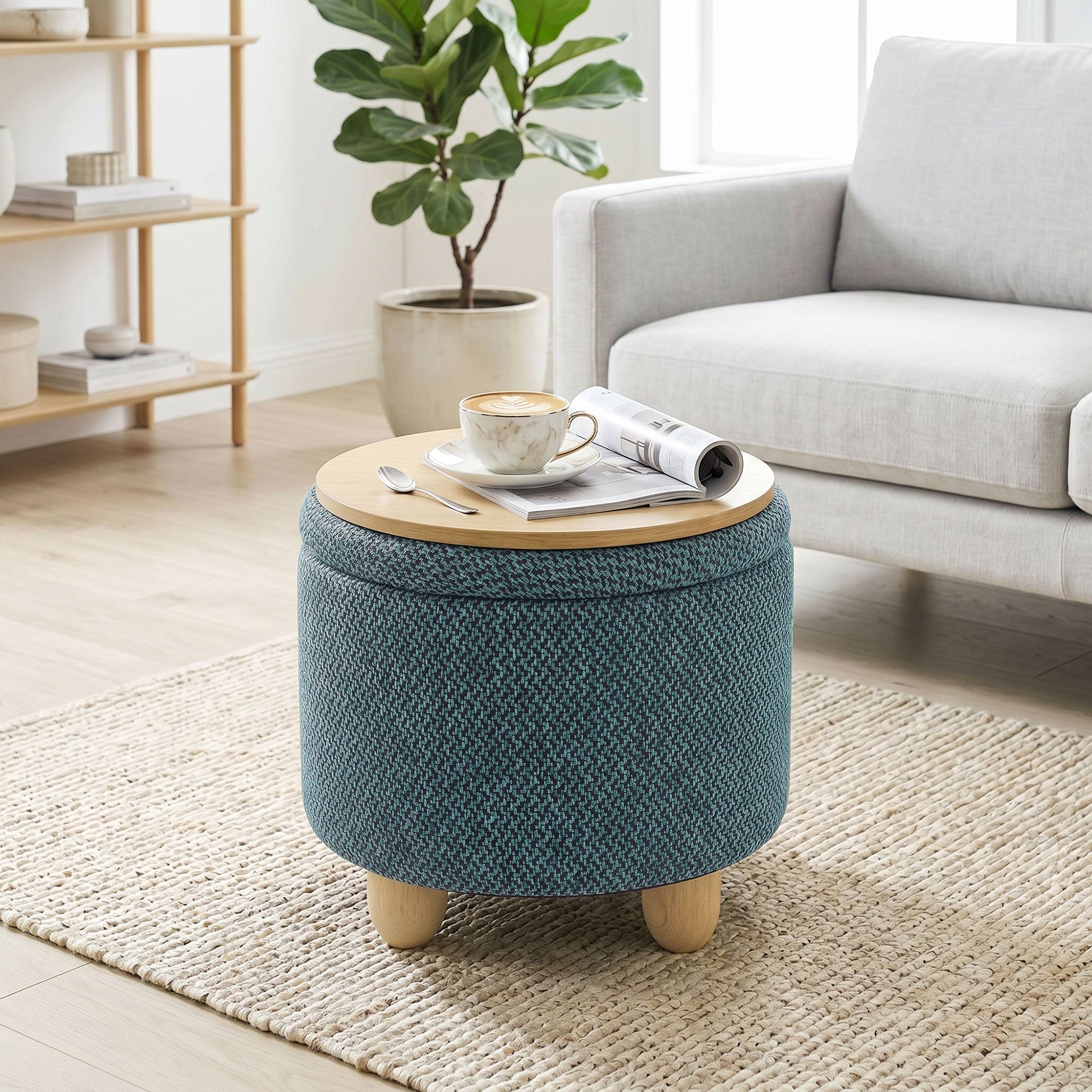 Storage Ottoman, Burlap Fabric Round Small Ottoman Foot Rest with Lid, Rubberwood Legs, End of Bed Bench Footstool for Bedroom, Hallway, Living Room, 38.5 x 38.5 cm, Dark Blue