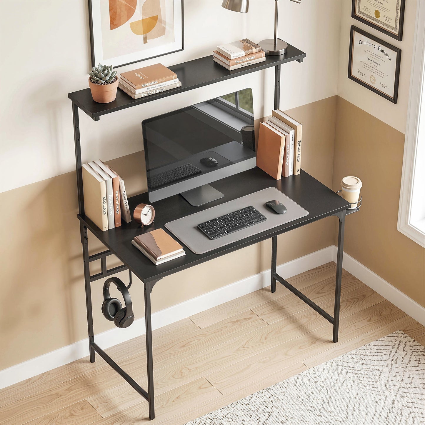 Computer Desk, 80cm Home Office Study Table with Hutch Shelf, Cup Holder, Headphone Hook, Metal Frame, Space Saving Writing Desk, Black