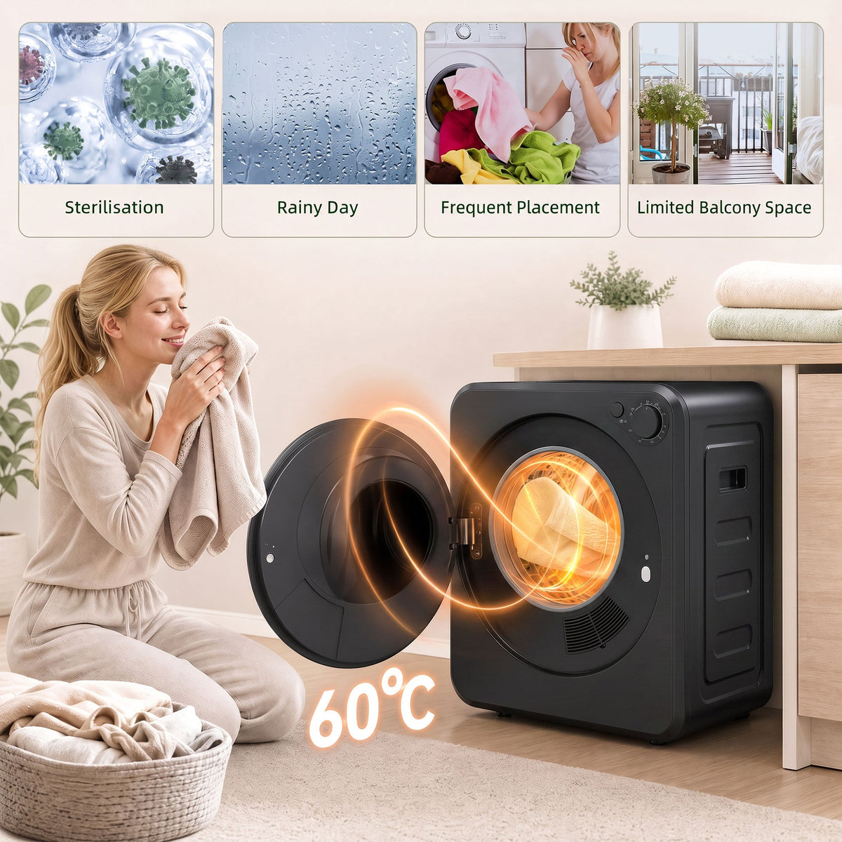 Portable Clothes Dryer, 4kg Wet Laundry/2.5kg Dry Capacity Front Load Laundry Dryer with 2 Power Modes, 400W/800W, 240V Compact Drying Machine for Apartments, RVs, Home, Black