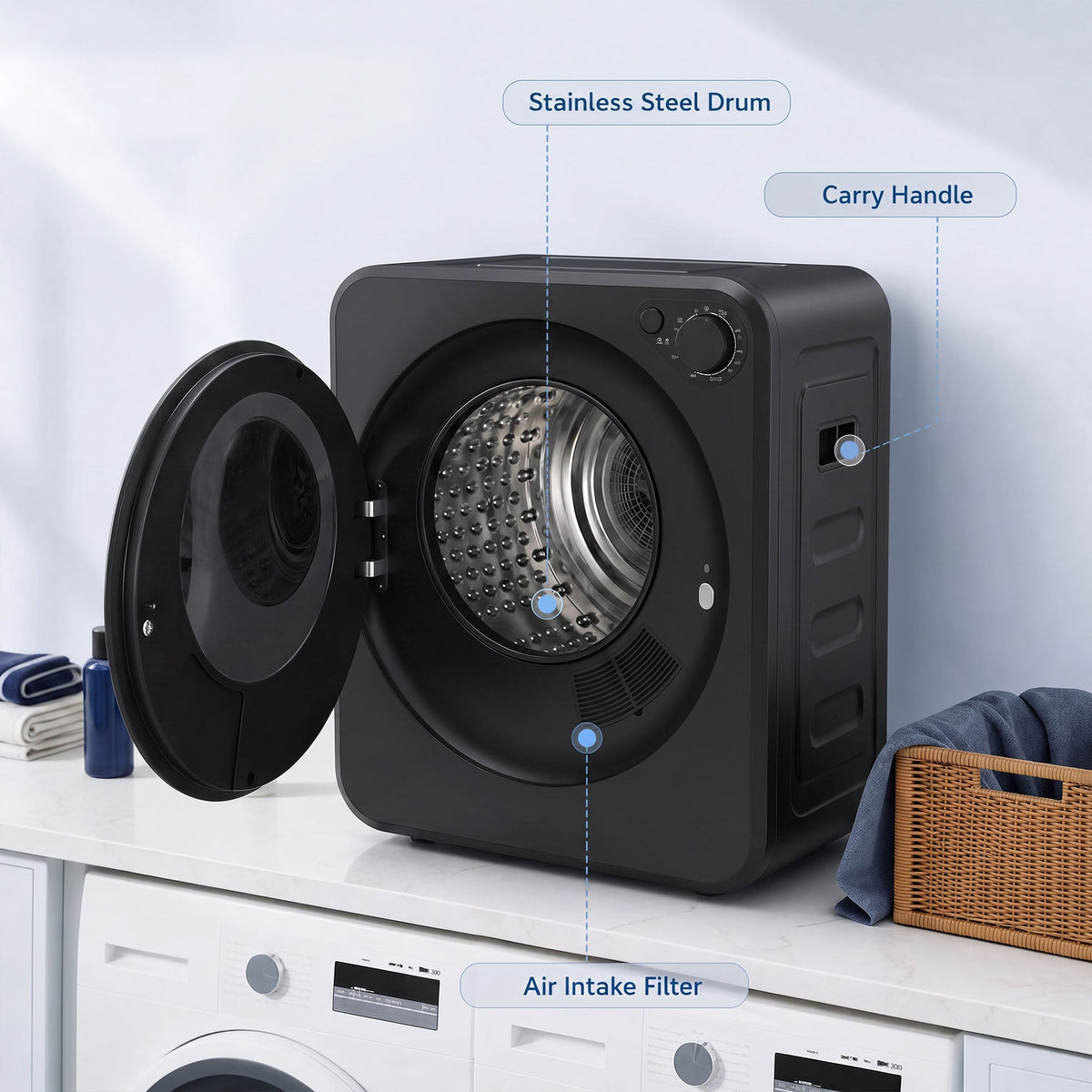 Portable Clothes Dryer, 4kg Wet Laundry/2.5kg Dry Capacity Front Load Laundry Dryer with 2 Power Modes, 400W/800W, 240V Compact Drying Machine for Apartments, RVs, Home, Black
