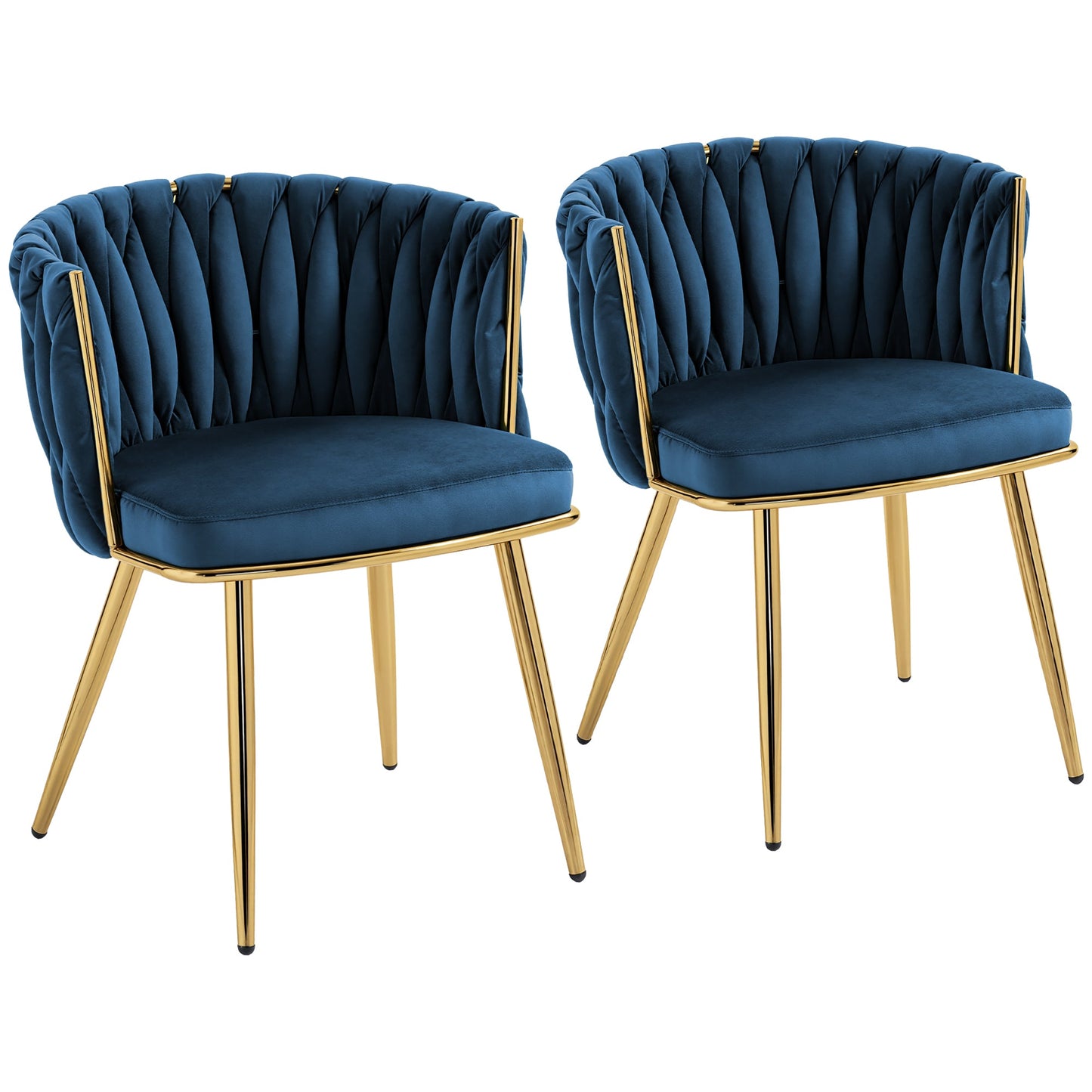 Velvet-Feel Dining Chairs Set of 2, Modern Upholstered Kitchen Chairs with Woven Backrest and Armrests, Metal Legs and Padded Seat for Dining Room, Bedroom, Living Room, Dark Blue