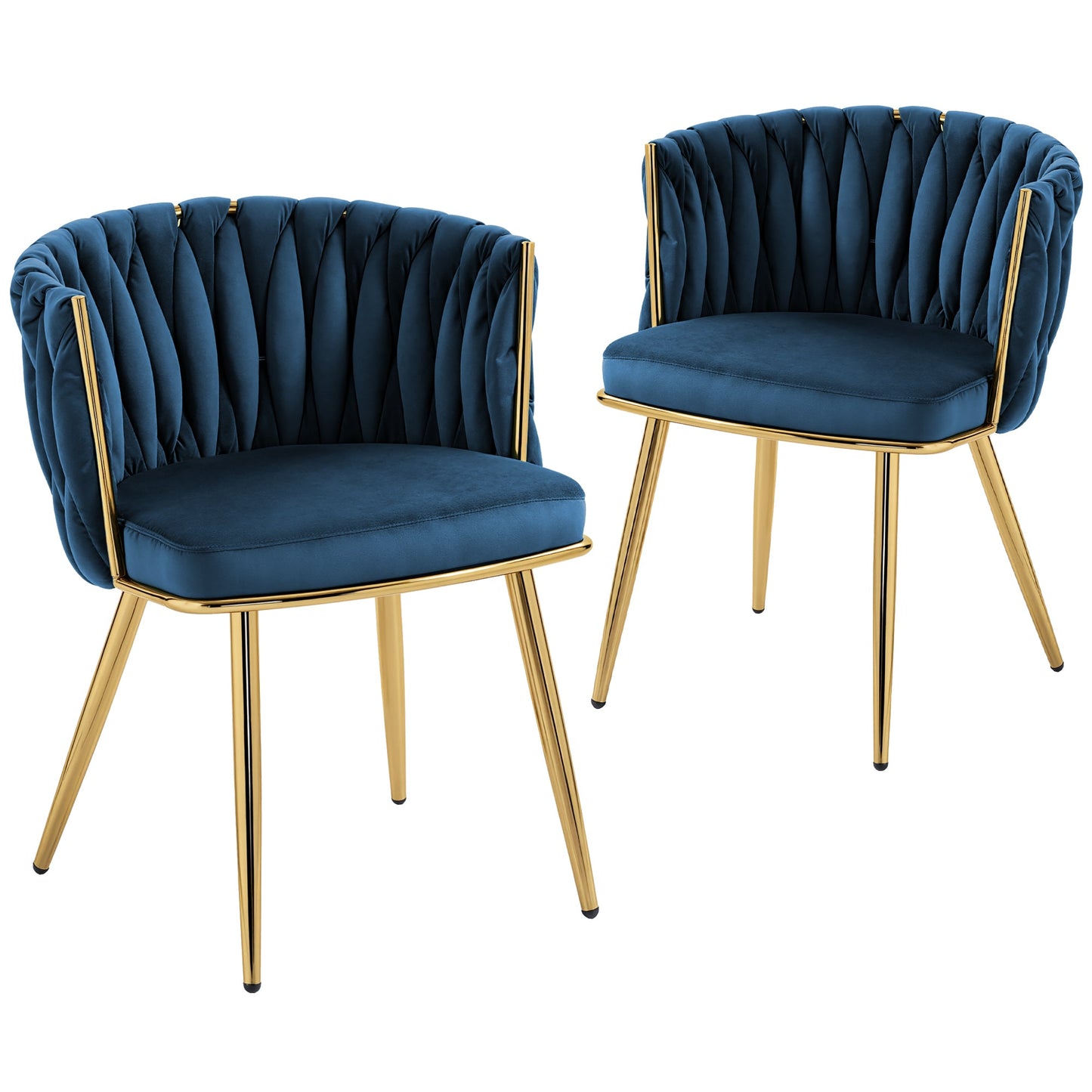 Velvet-Feel Dining Chairs Set of 2, Modern Upholstered Kitchen Chairs with Woven Backrest and Armrests, Metal Legs and Padded Seat for Dining Room, Bedroom, Living Room, Dark Blue