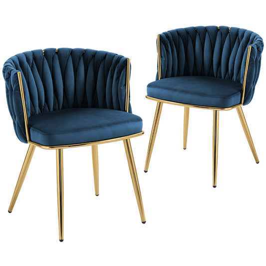 Velvet-Feel Dining Chairs Set of 2, Modern Upholstered Kitchen Chairs with Woven Backrest and Armrests, Metal Legs and Padded Seat for Dining Room, Bedroom, Living Room, Dark Blue