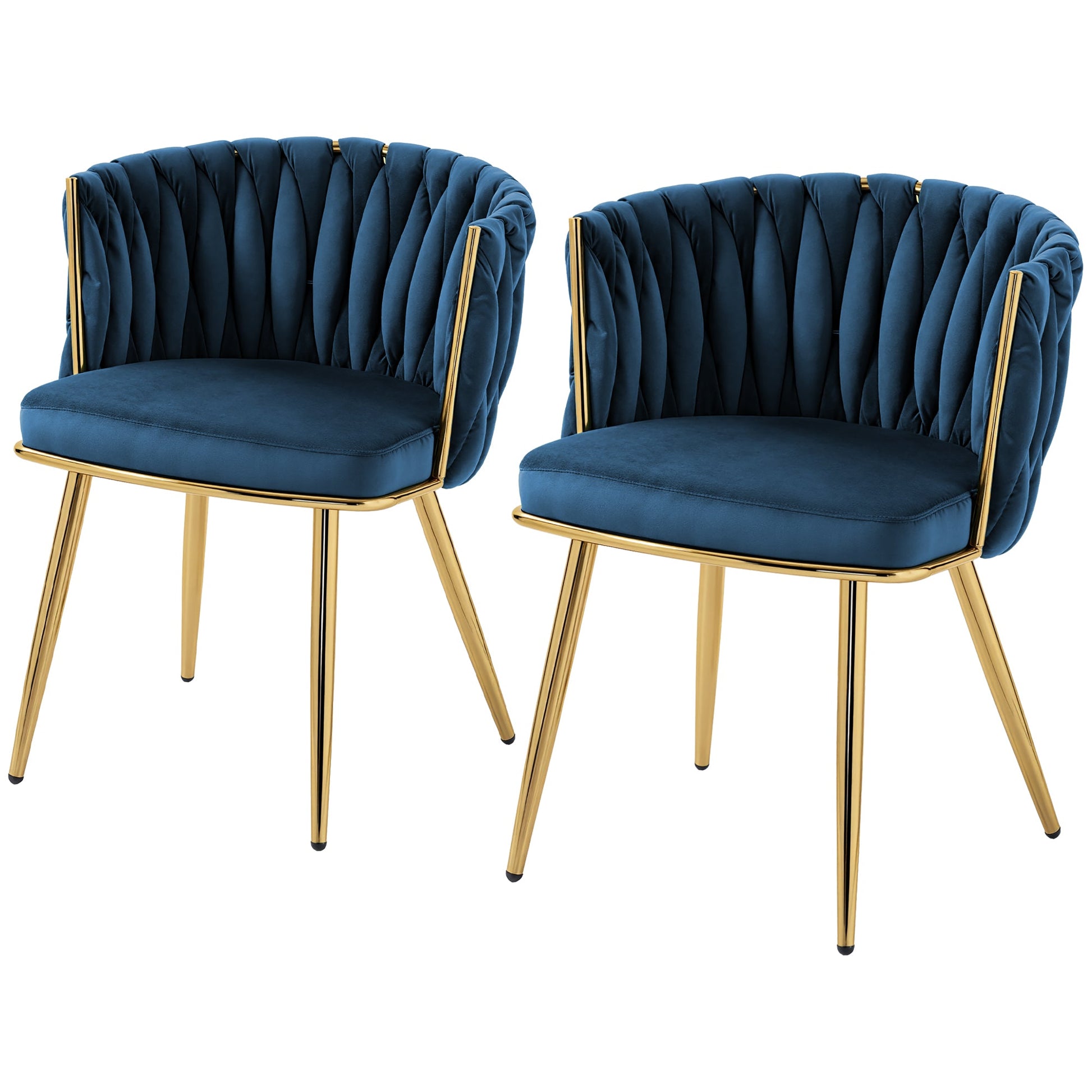 Velvet-Feel Dining Chairs Set of 2, Modern Upholstered Kitchen Chairs with Woven Backrest and Armrests, Metal Legs and Padded Seat for Dining Room, Bedroom, Living Room, Dark Blue