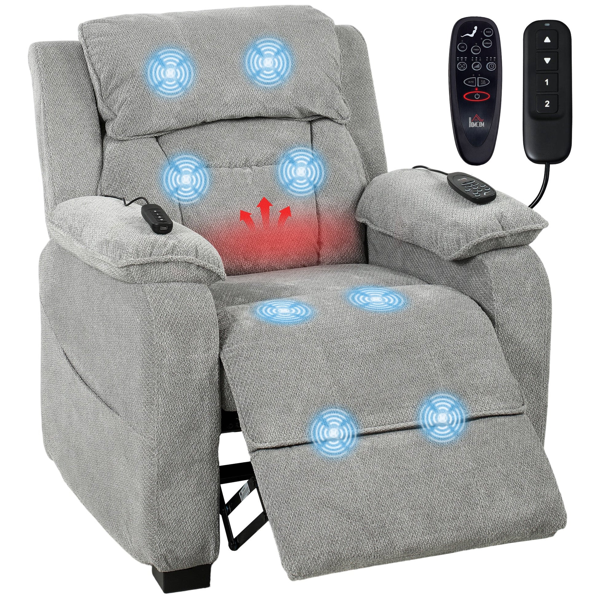 Power Recliner Armchair with Massage and Heat, Velvet-Feel Fabric Quiet Electric Reclining Chair with Wide Spring Seat, Memory Function, High Back, Headrest, USB Port, Side Pockets, Light Grey