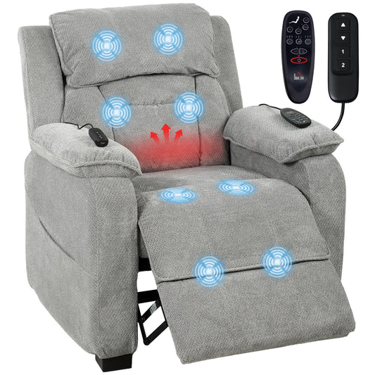 Power Recliner Armchair with Massage and Heat, Velvet-Feel Fabric Quiet Electric Reclining Chair with Wide Spring Seat, Memory Function, High Back, Headrest, USB Port, Side Pockets, Light Grey