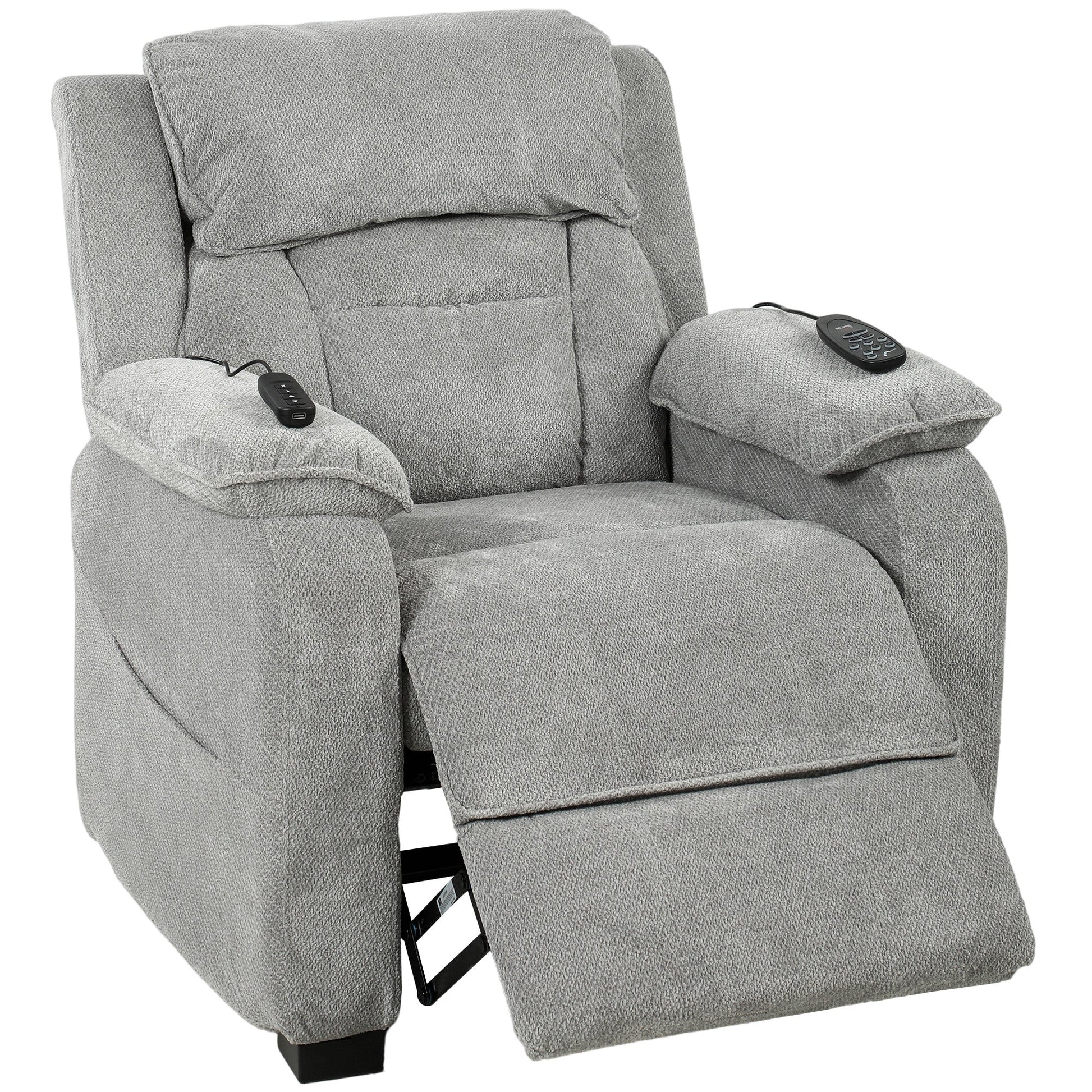 Power Recliner Armchair with Massage and Heat, Velvet-Feel Fabric Quiet Electric Reclining Chair with Wide Spring Seat, Memory Function, High Back, Headrest, USB Port, Side Pockets, Light Grey