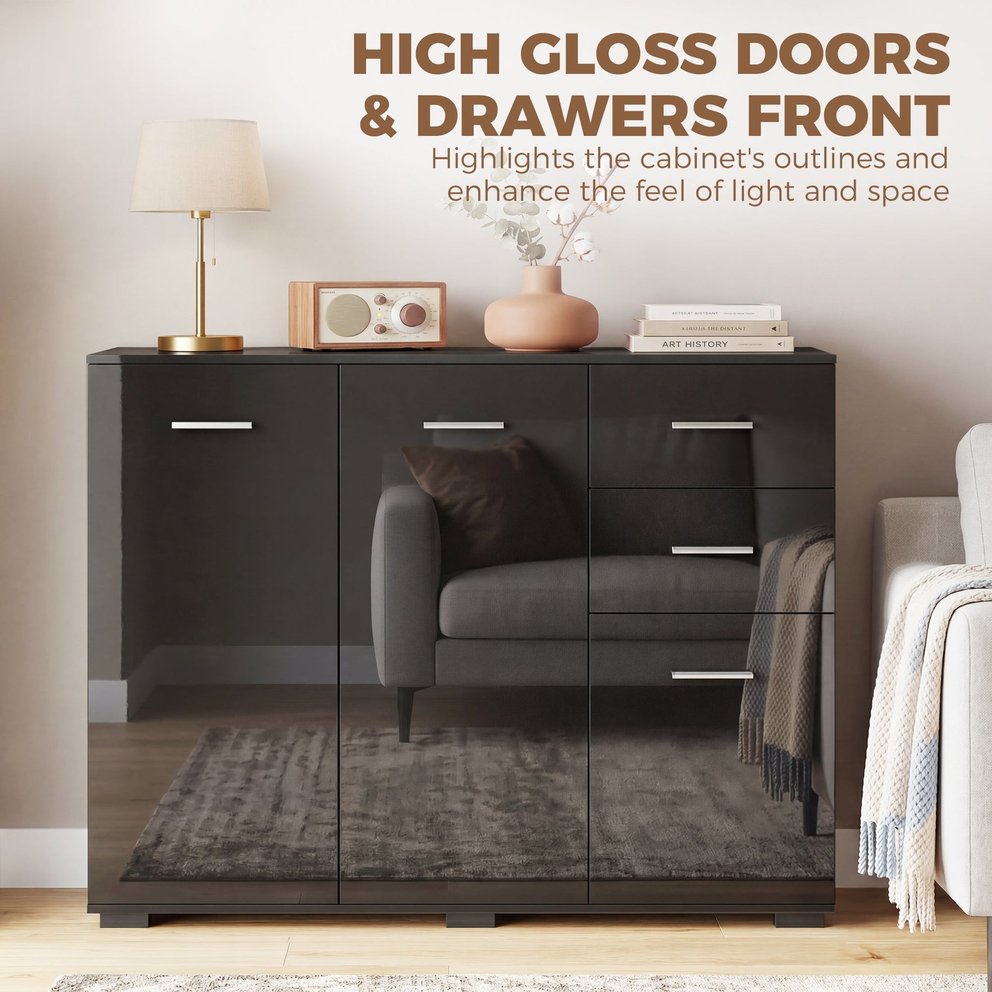 Sideboard, Modern Storage Cabinet with 2 Drawers, 3 Doors and Adjustable Shelves, Kitchen Cabinet for Living Room, Dining Room, High Gloss Black