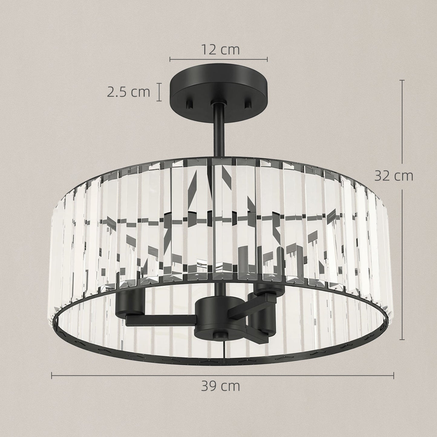 Crystal Ceiling Light Fixture, Semi Flush Mount Modern Crystal Chandelier Ceiling Light for Living Room, Bedroom, Hallway, Dining Room, E14 Base 3-Lights, Bulbs Not Included, Black