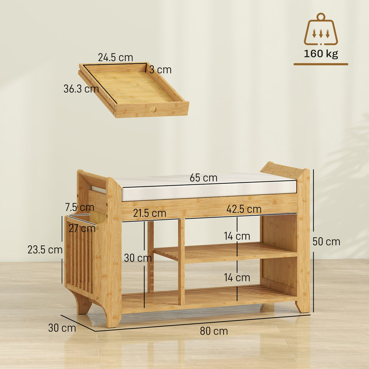 Shoe Bench with Cushioned Seat, Shoe Storage Bench with Side Holder and Boot Section, 2-Tier Natural Bamboo Entryway Rack for Hallway, Living Room, 100 x 30 x 50 cm, Natural and Cream