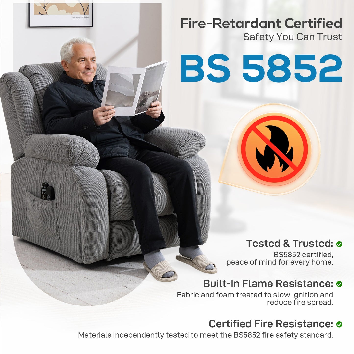 Recliner Armchair Lift Chair with Vibration Massage and Heat, Velvet-feel Fabric Electric Riser Recliner Chair for Elderly with Wide Seat, USB Port, Side Pockets for Living Room, Light Grey