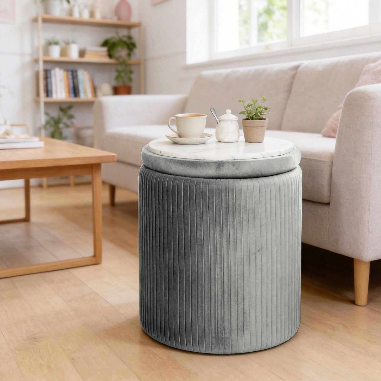 Round Storage Ottoman, Velvet-feel Fabric Upholstered Foot Stool with Removable Top, Padded Seat and Hidden Space for Living Room, Bedroom, Grey