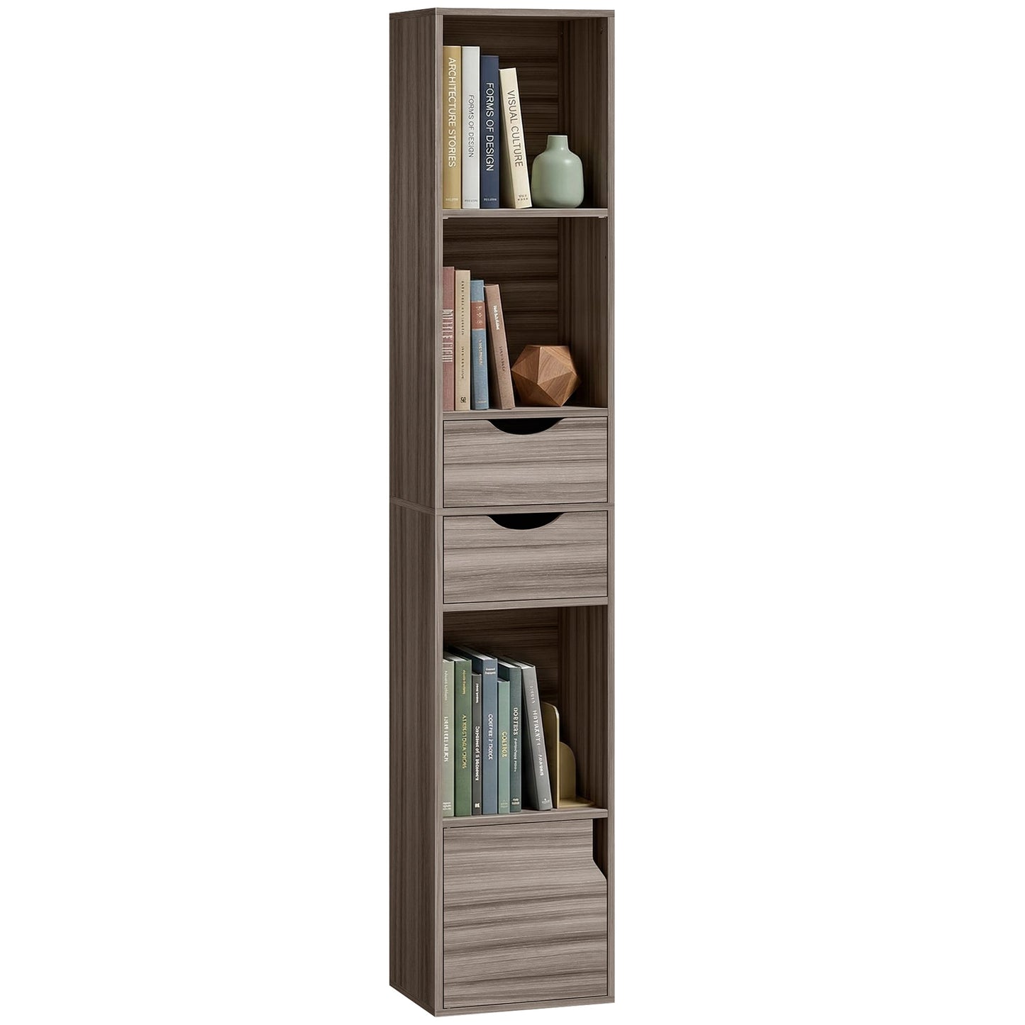 158 cm Bookcase with Drawers, 3-Tier Bookshelf, Slim Storage Cabinet with Doors, Adjustable Shelf for Living Room, Bedroom, Home Office, Grey