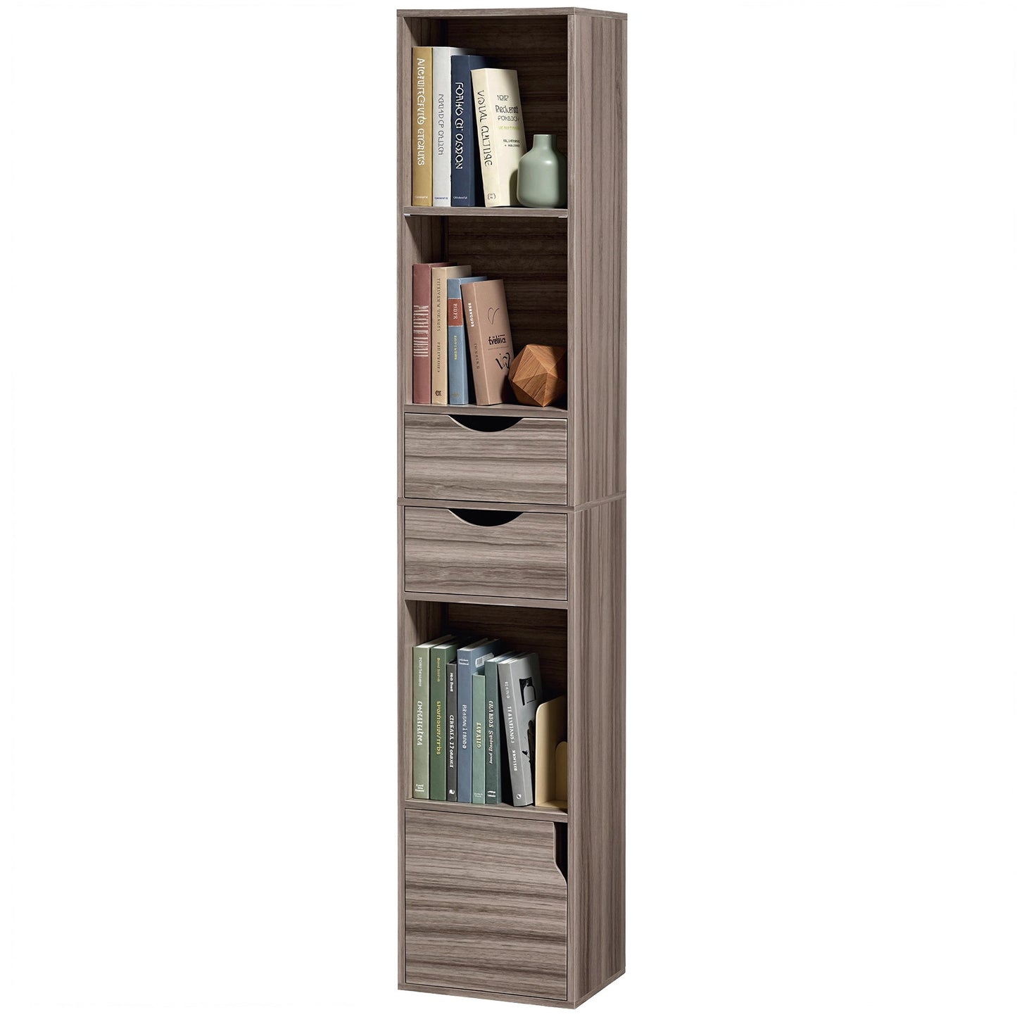 158 cm Bookcase with Drawers, 3-Tier Bookshelf, Slim Storage Cabinet with Doors, Adjustable Shelf for Living Room, Bedroom, Home Office, Grey