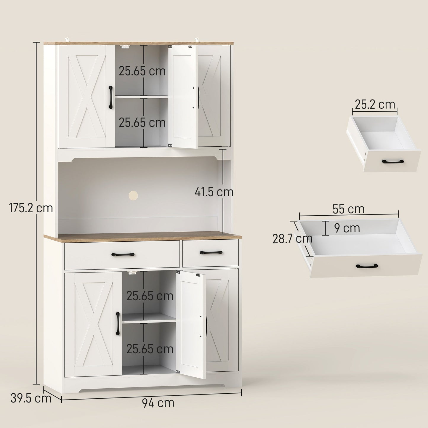 175 cm Tall Kitchen Pantry Cabinet with Microwave Stand, Farmhouse Kitchen Hutch, Freestanding Pantry Cupboard with 2 Drawers, 2 Adjustable Shelves and Cable Management, White