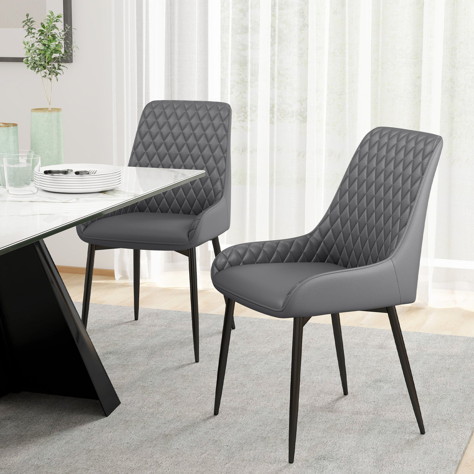 Set Of 2 Quilted PU Leather Dining Chairs with Metal Frame 4 Legs Foot Caps Home Seating Modern Stylish Executive Grey